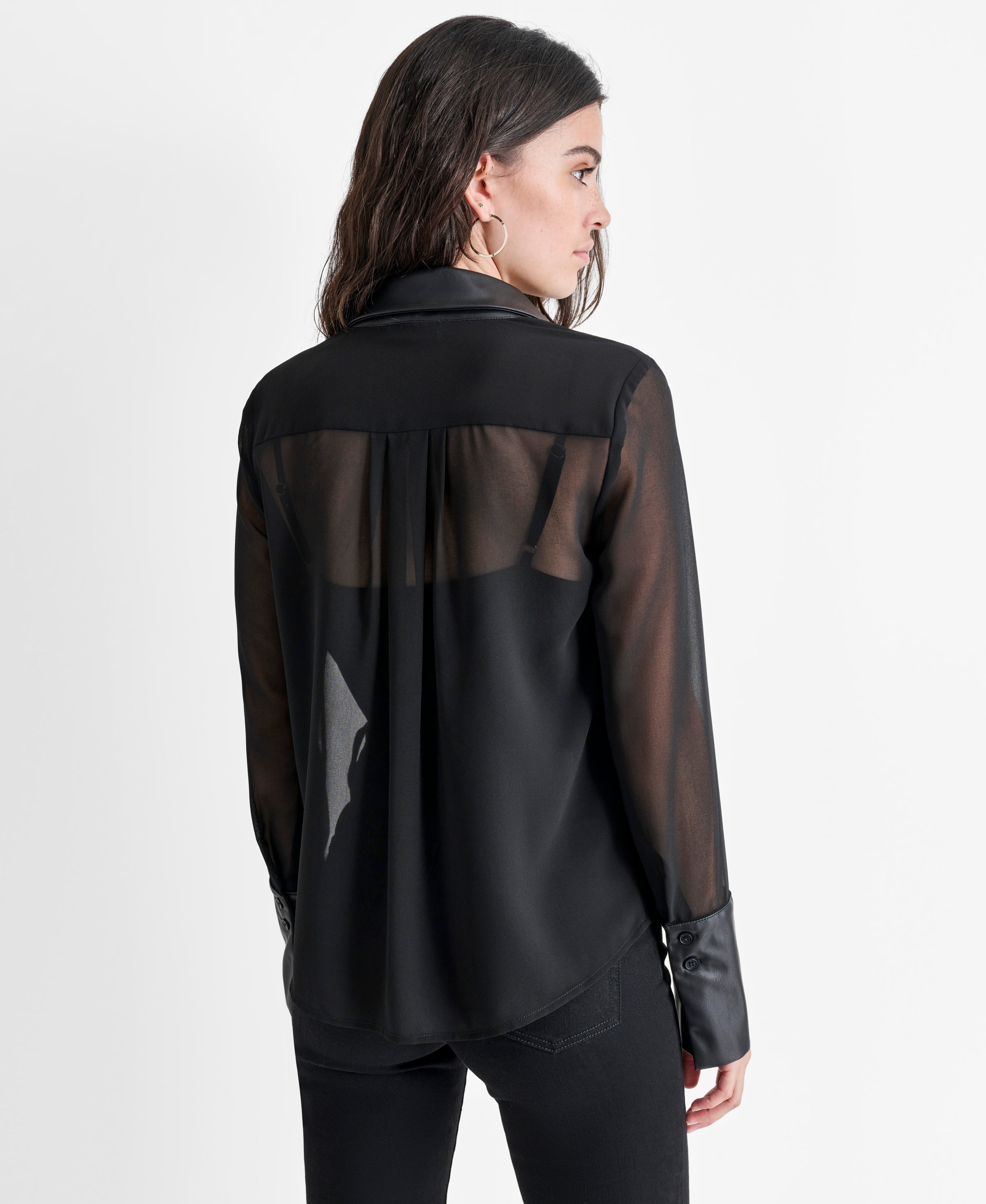 BUTTON FRONT SHIRT WITH FAUX LEATHER COLLAR VIEW 2 | All Products BUTTON FRONT SHIRT WITH FAUX LEATHER COLLAR VIEW 2 | All Products