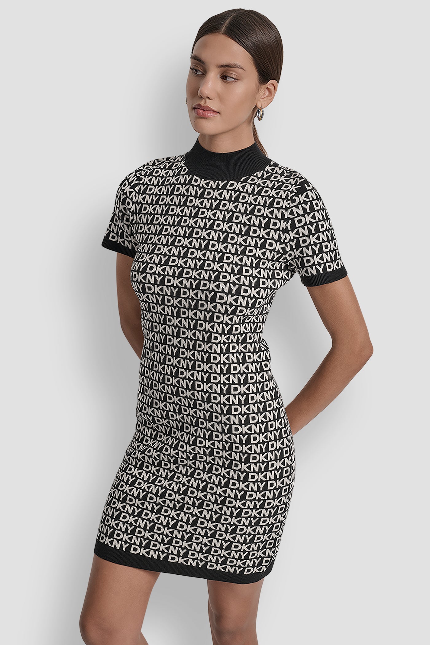 LOGO JACQUARD BALLET SLEEVE MOCK NECK SHORT DRESS VIEW 4 LOGO JACQUARD BALLET SLEEVE MOCK NECK SHORT DRESS VIEW 4