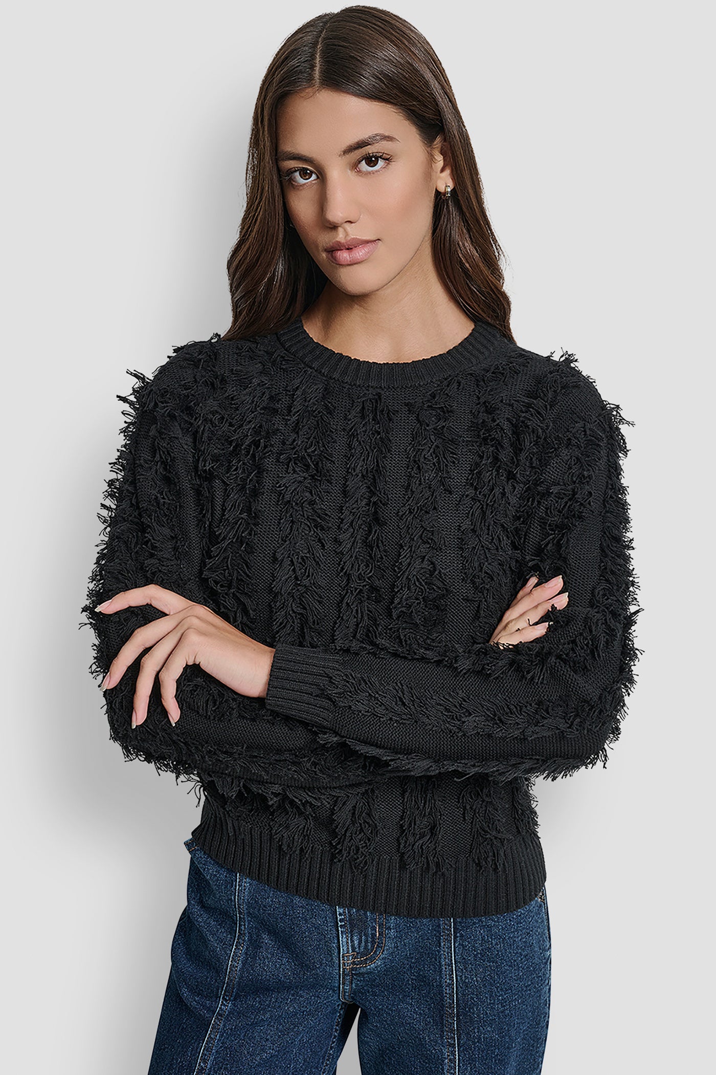 LONG SLEEVE CREW NECK WITH FRINGE STITCHING VIEW 1 | DKNY JEANS LONG SLEEVE CREW NECK WITH FRINGE STITCHING VIEW 1 | DKNY JEANS