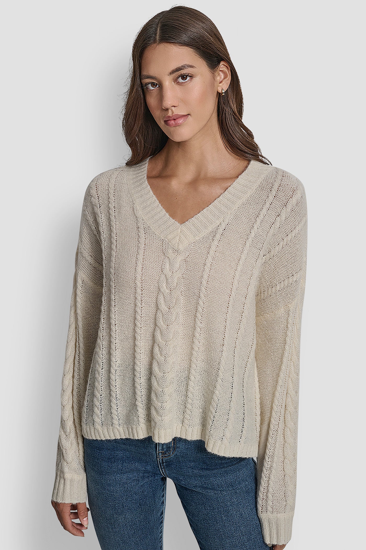 MOHAIR LIKE CABLE V-NECK SWEATER VIEW 1 | DKNY Promo MOHAIR LIKE CABLE V-NECK SWEATER VIEW 1 | DKNY Promo