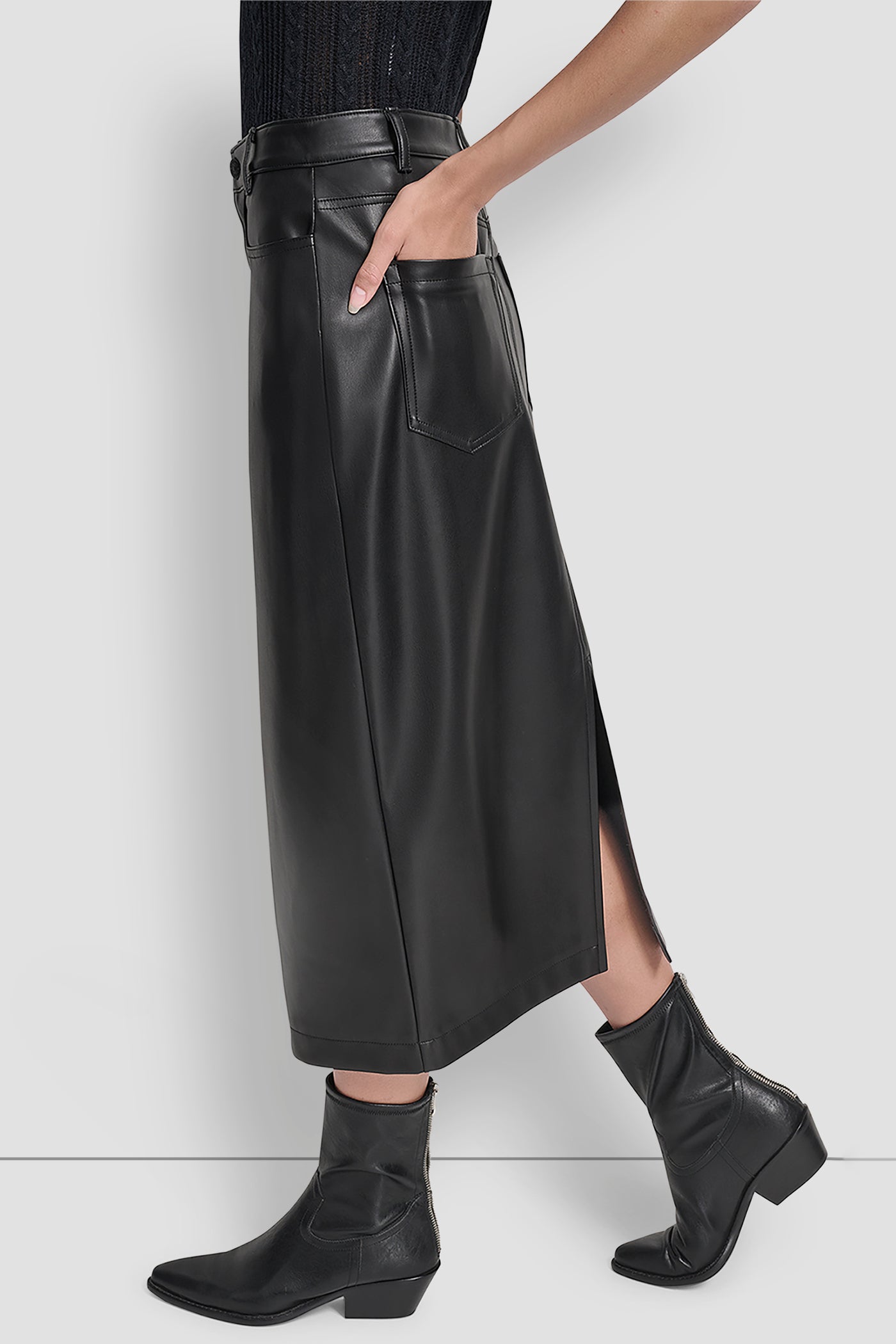 FAUX LEATHER MIDI COLUMN SKIRT VIEW 3 | DKNY Promo FAUX LEATHER MIDI COLUMN SKIRT VIEW 3 | DKNY Promo