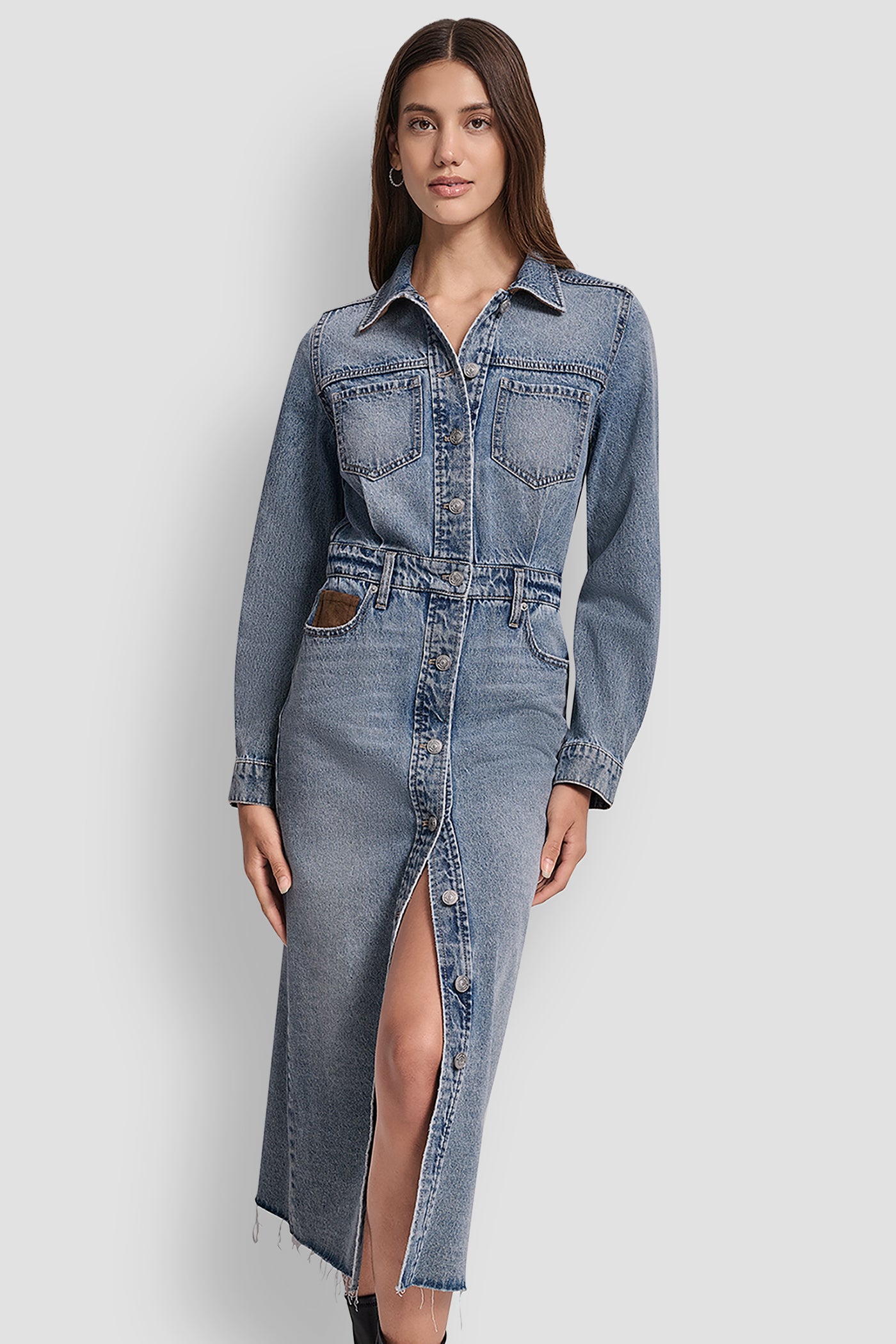 BUTTON FRONT MAXI DRESS WITH FRONT SLIT VIEW 4 | Denim Destination BUTTON FRONT MAXI DRESS WITH FRONT SLIT VIEW 4 | Denim Destination