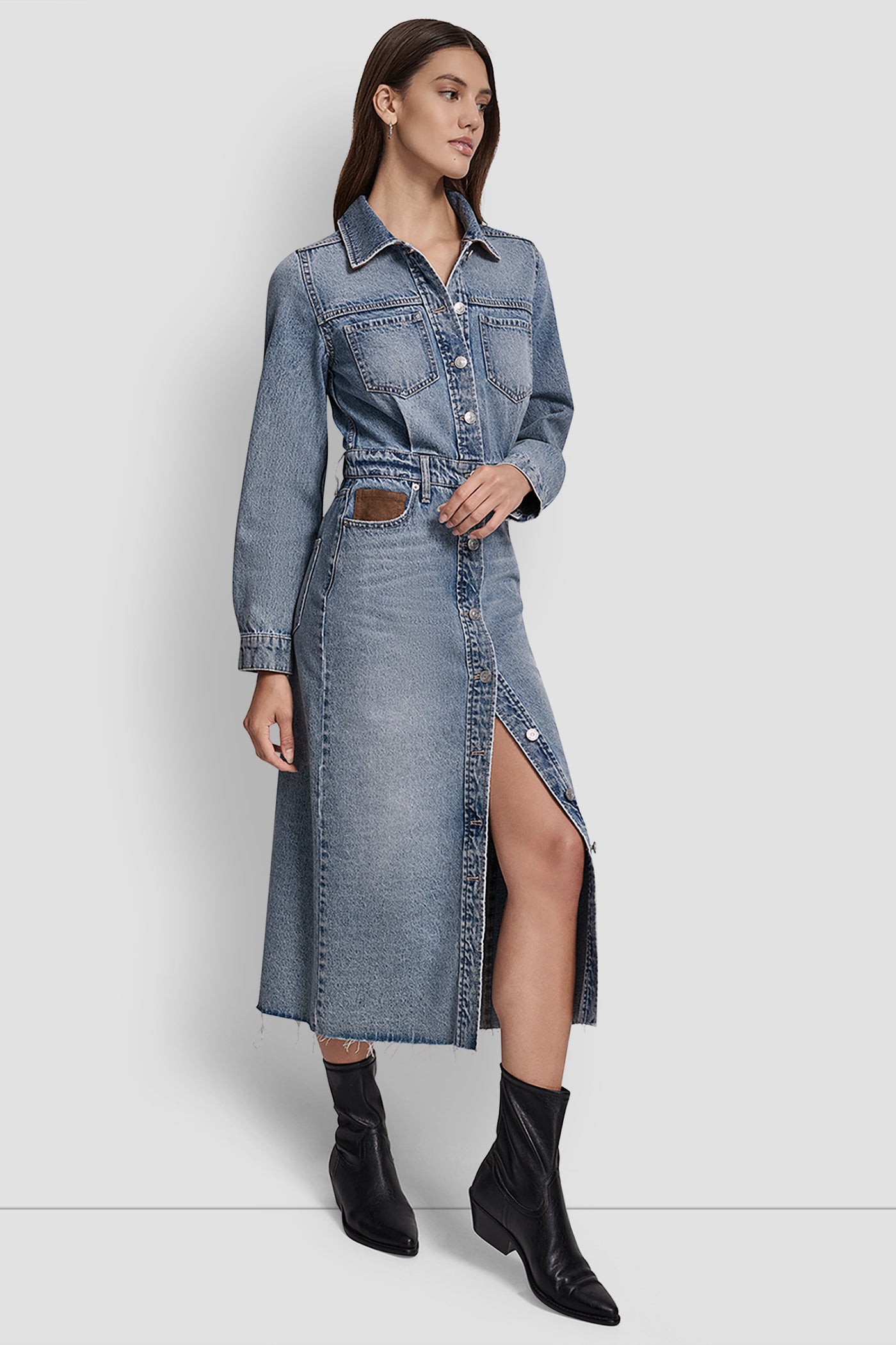 BUTTON FRONT MAXI DRESS WITH FRONT SLIT VIEW 3 | Denim Destination BUTTON FRONT MAXI DRESS WITH FRONT SLIT VIEW 3 | Denim Destination