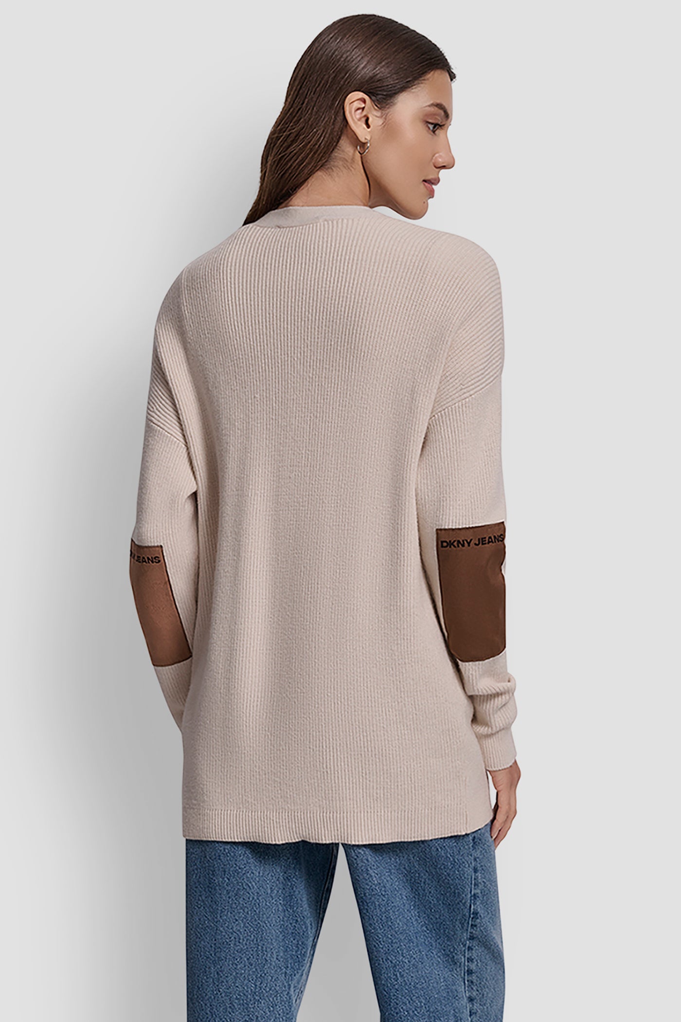 RELAXED V-NECK SHAKER STITCH CARDIGAN WITH SUEDE LOGO VIEW 2 | New Arrivals RELAXED V-NECK SHAKER STITCH CARDIGAN WITH SUEDE LOGO VIEW 2 | New Arrivals