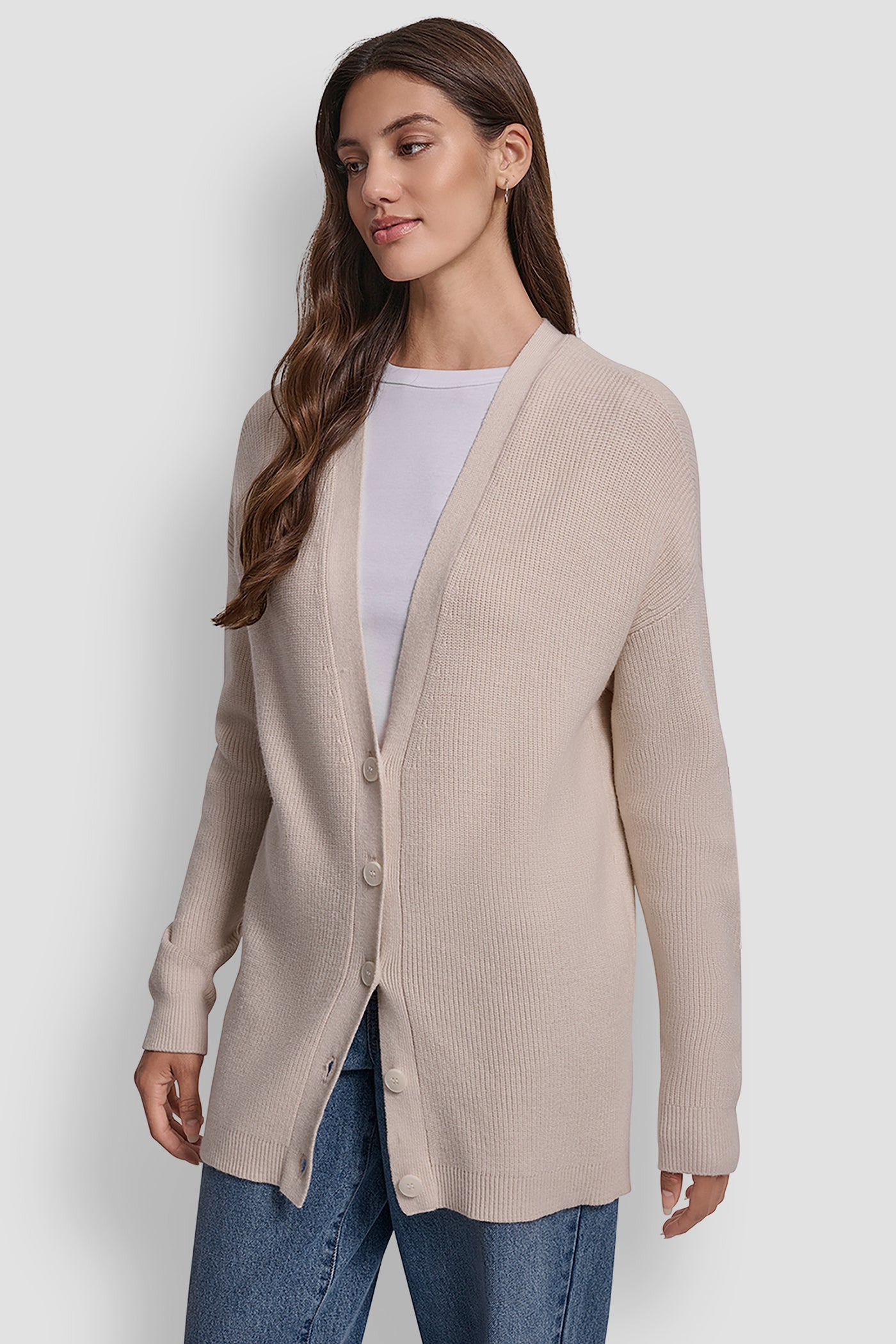 RELAXED V-NECK SHAKER STITCH CARDIGAN WITH SUEDE LOGO VIEW 1 | New Arrivals RELAXED V-NECK SHAKER STITCH CARDIGAN WITH SUEDE LOGO VIEW 1 | New Arrivals