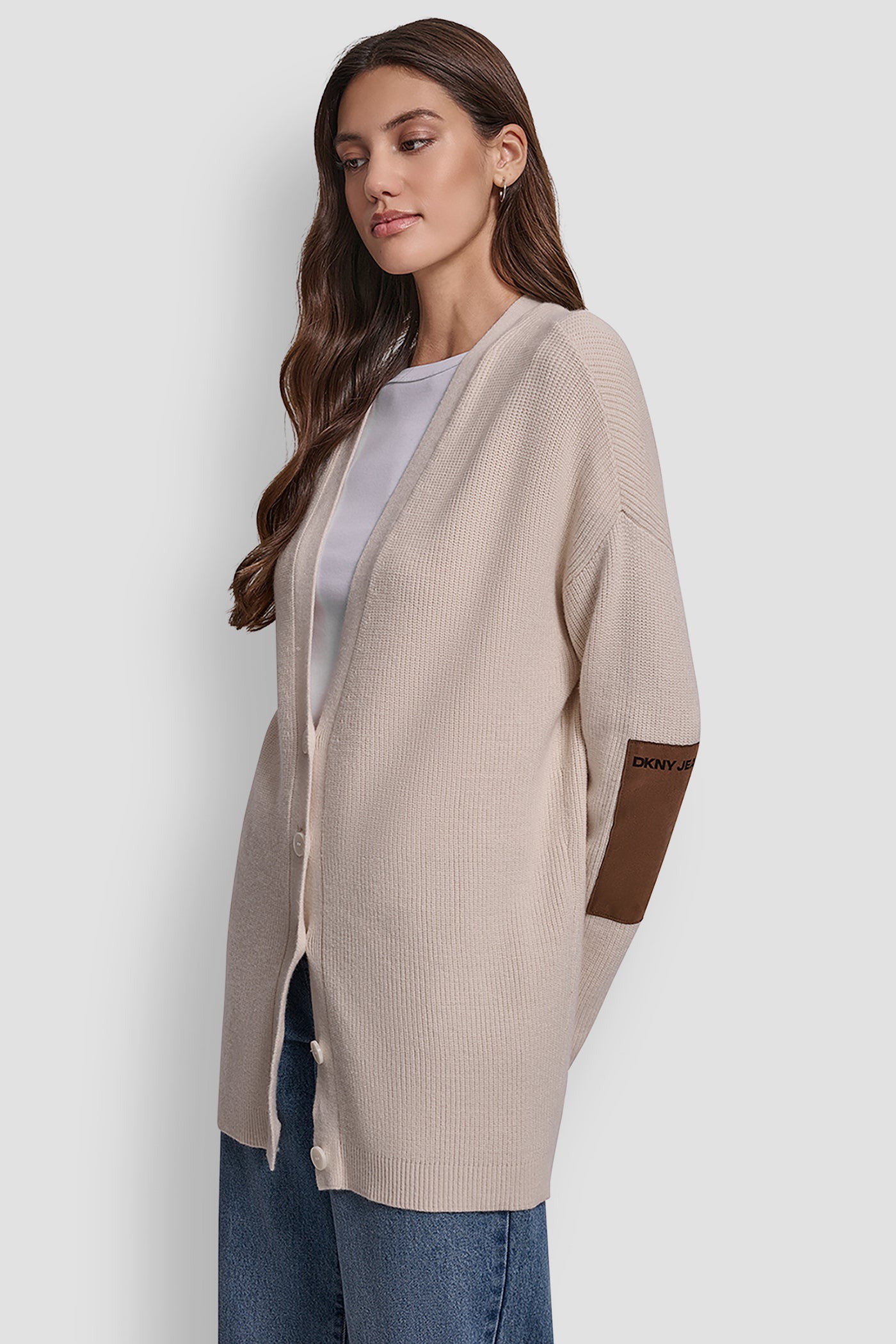 RELAXED V-NECK SHAKER STITCH CARDIGAN WITH SUEDE LOGO VIEW 3 | New Arrivals RELAXED V-NECK SHAKER STITCH CARDIGAN WITH SUEDE LOGO VIEW 3 | New Arrivals
