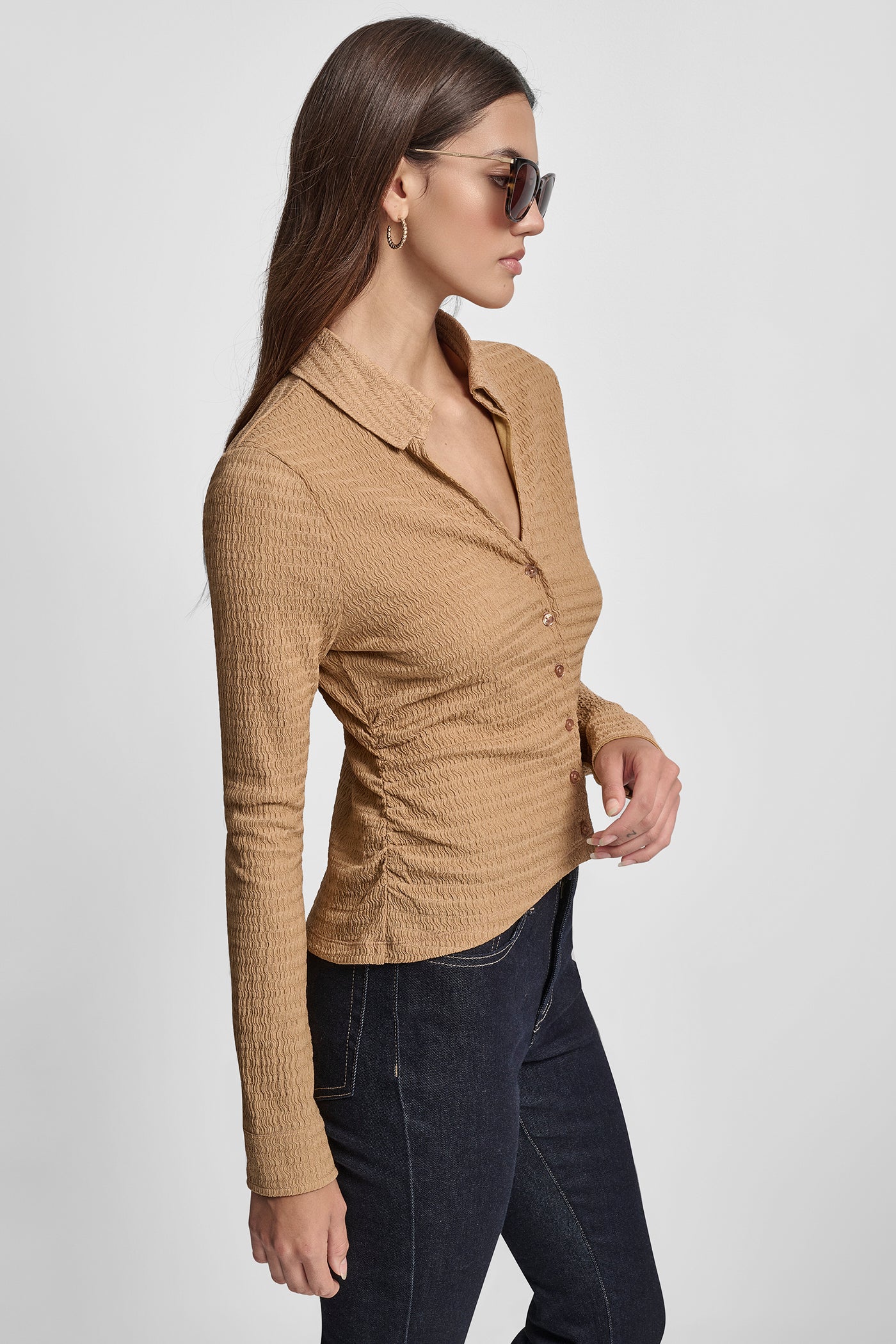 RIPPLE LACE SLIM FIT SIDE RUCHED BUTTON FRONT SHIRT VIEW 3 | WOMEN'S SWEATERS & TOPS RIPPLE LACE SLIM FIT SIDE RUCHED BUTTON FRONT SHIRT VIEW 3 | WOMEN'S SWEATERS & TOPS