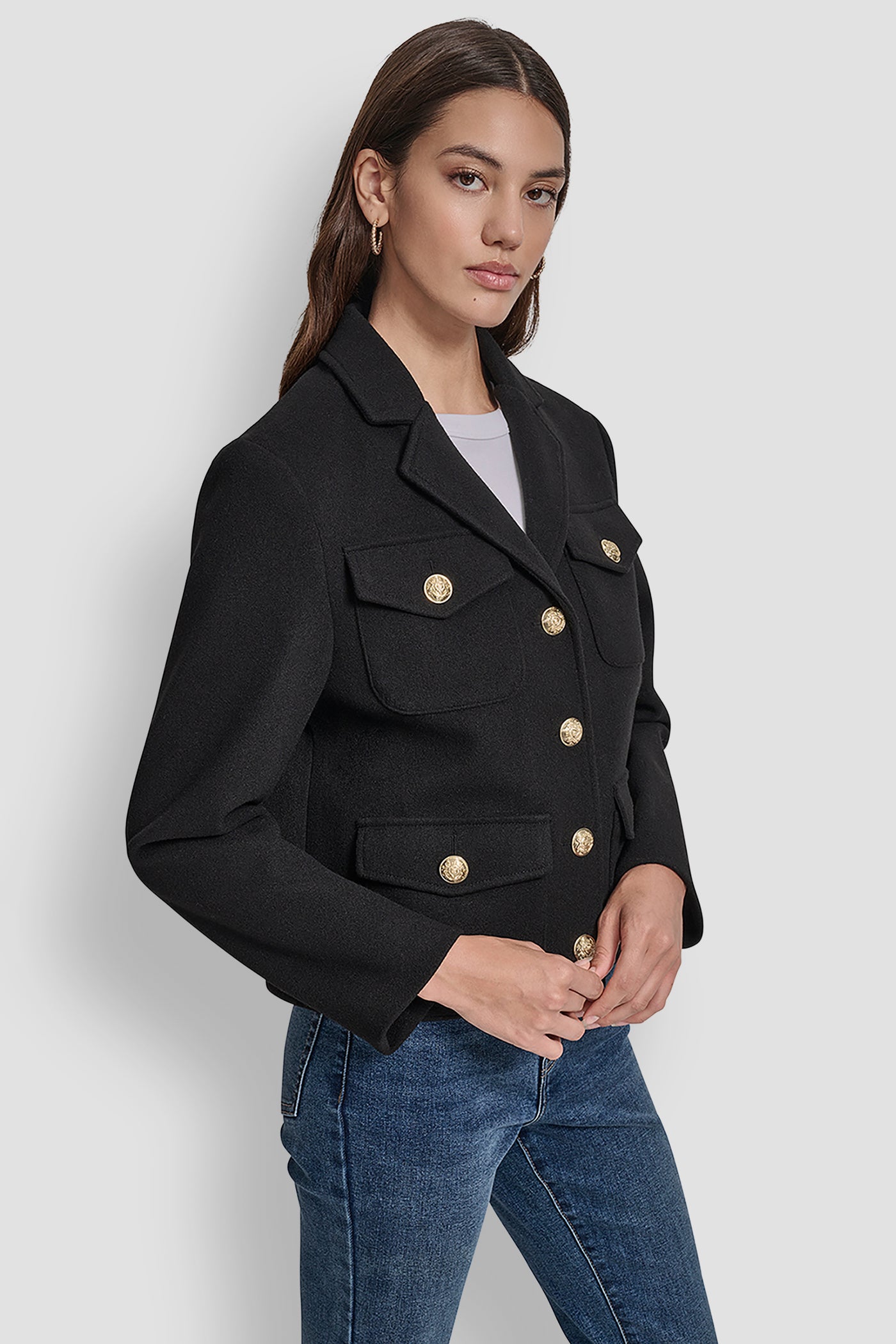 BUTTON FRONT CROPPED JACKET WITH FLAP POCKETS VIEW 3 | WOMENS COATS & JACKETS BUTTON FRONT CROPPED JACKET WITH FLAP POCKETS VIEW 3 | WOMENS COATS & JACKETS