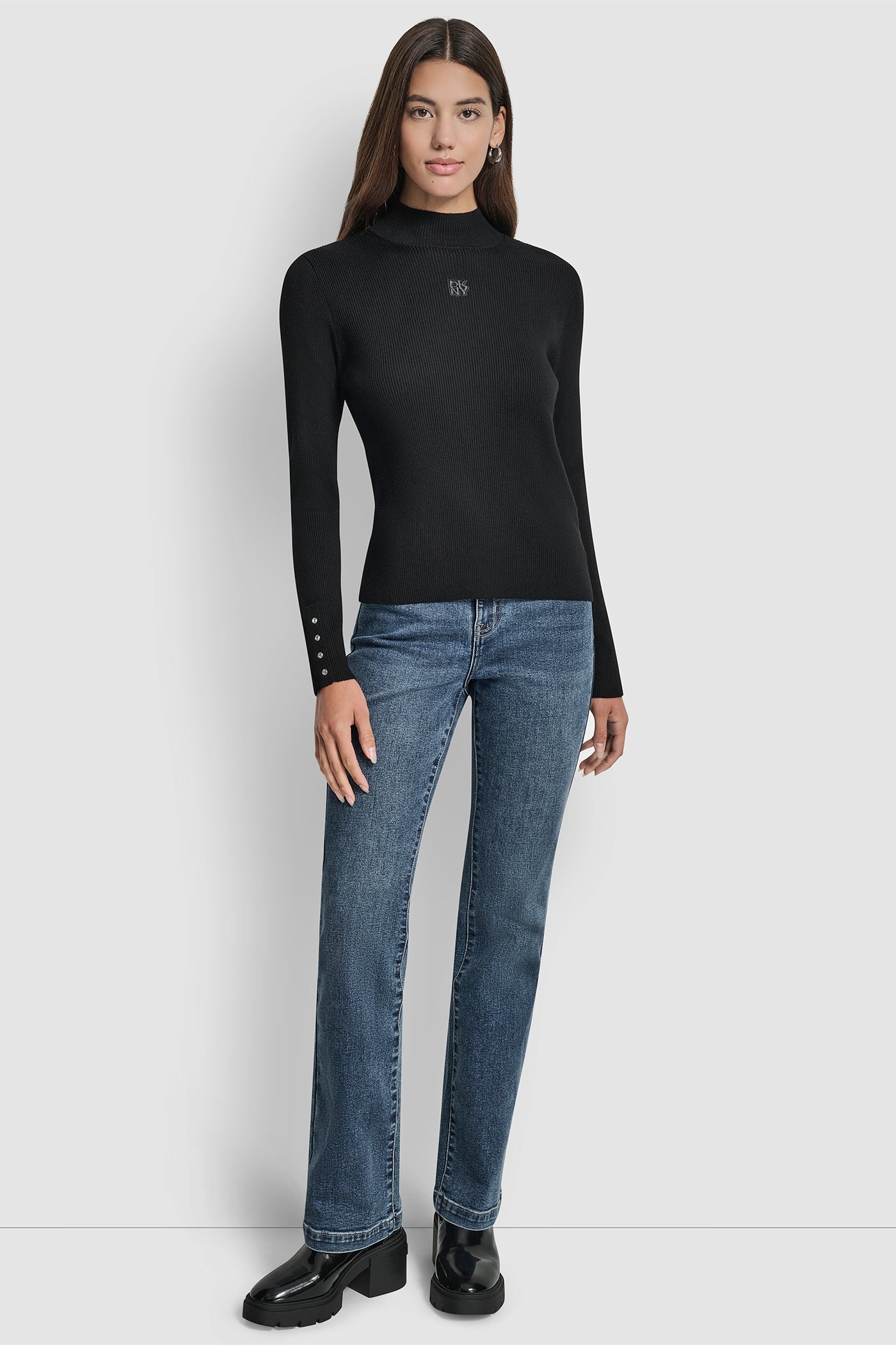RIB LONG SLEEVE MOCK NECK WITH RHINESTONES AT CUFF VIEW 5 | All Products RIB LONG SLEEVE MOCK NECK WITH RHINESTONES AT CUFF VIEW 5 | All Products
