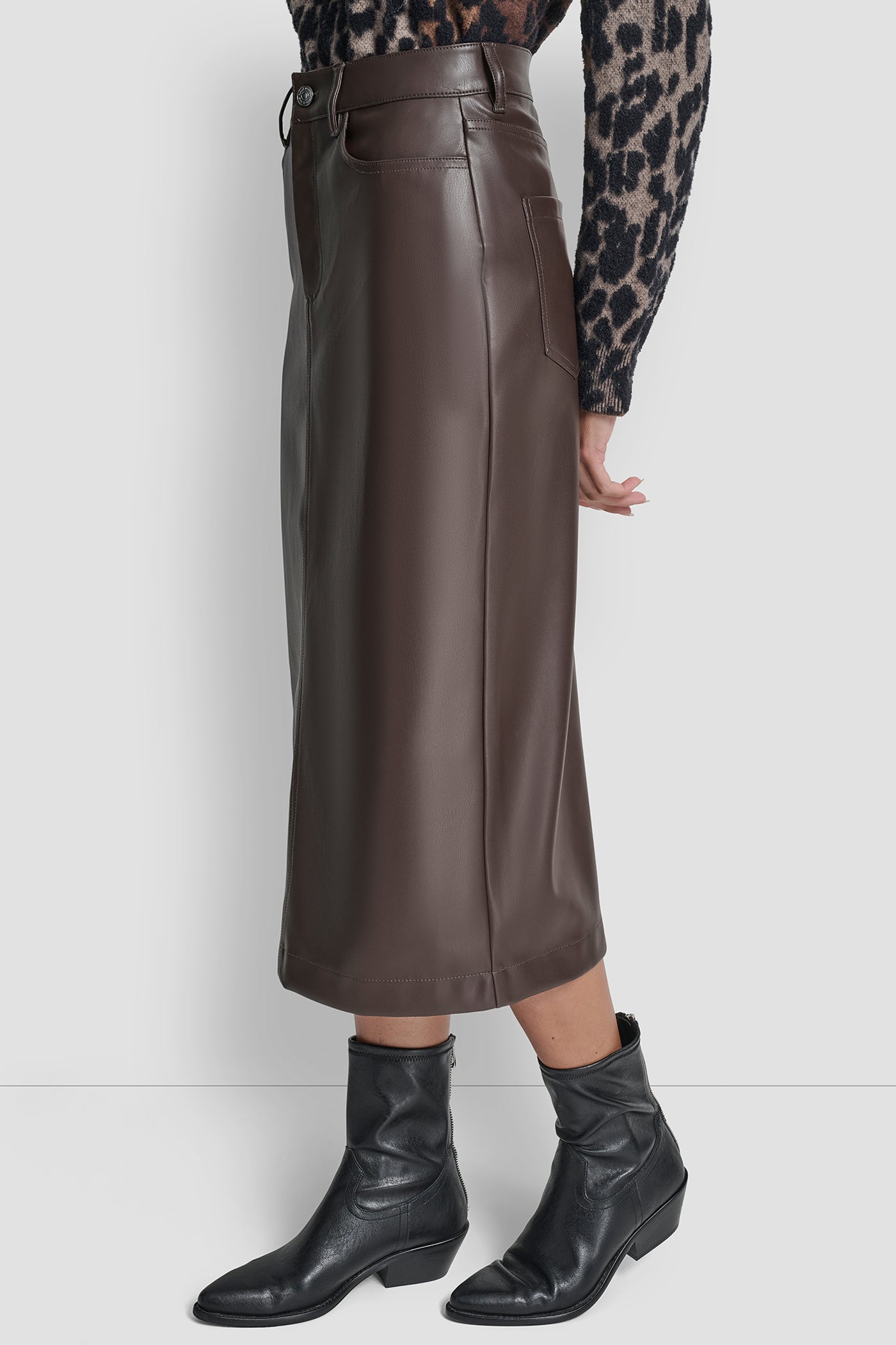 FAUX LEATHER MIDI COLUMN SKIRT VIEW 4 | DKNY Promo FAUX LEATHER MIDI COLUMN SKIRT VIEW 4 | DKNY Promo