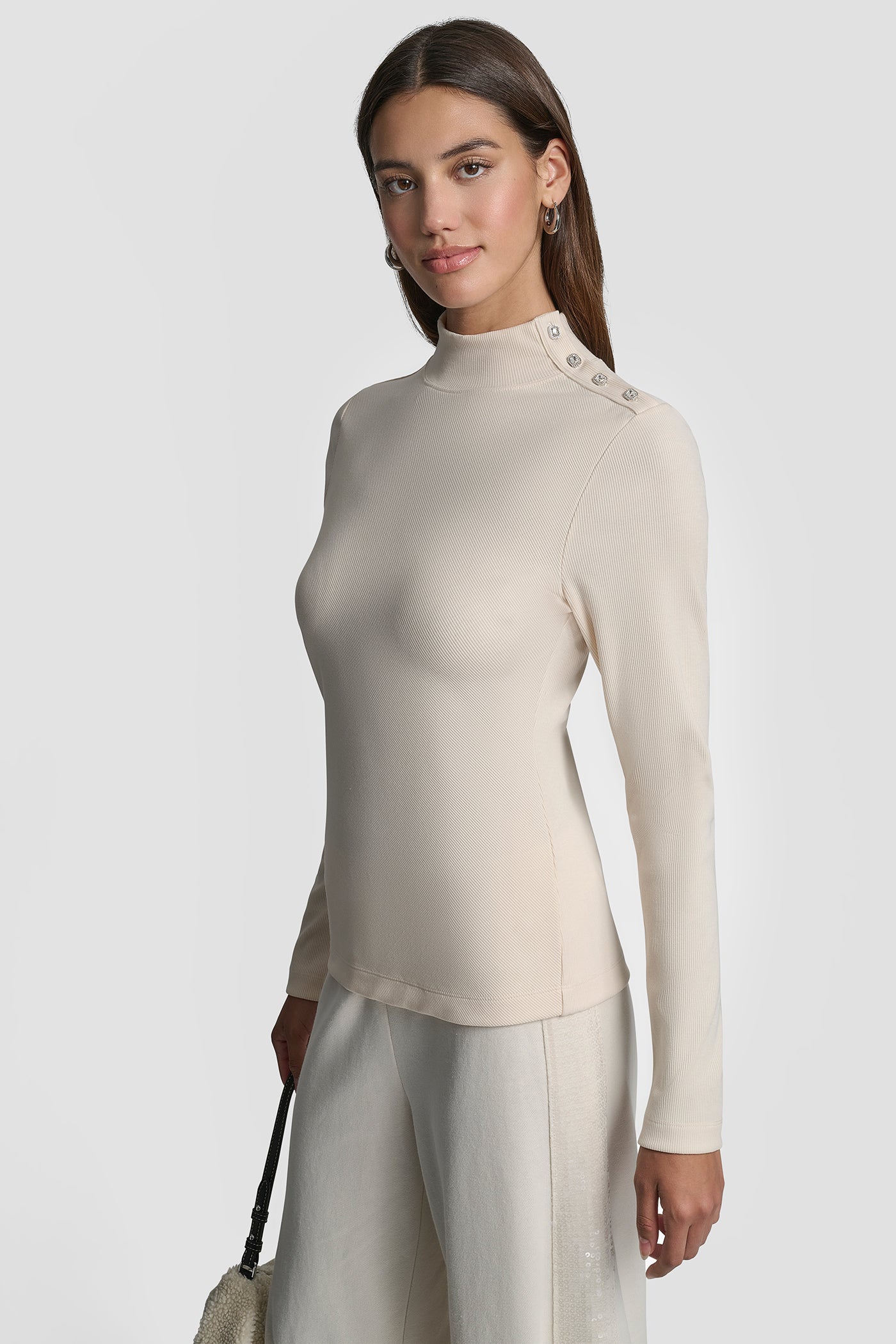 JEWEL BUTTON SHOULDER MOCK NECK LONG SLEEVE TEE VIEW 3 | DKNY Promo JEWEL BUTTON SHOULDER MOCK NECK LONG SLEEVE TEE VIEW 3 | DKNY Promo