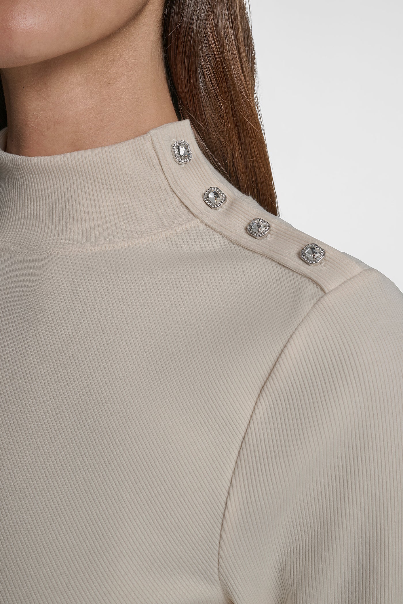 JEWEL BUTTON SHOULDER MOCK NECK LONG SLEEVE TEE VIEW 4 | DKNY Promo JEWEL BUTTON SHOULDER MOCK NECK LONG SLEEVE TEE VIEW 4 | DKNY Promo