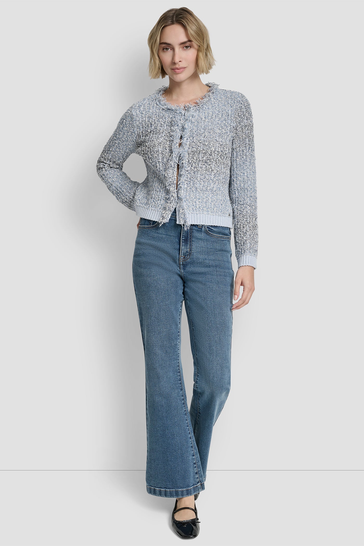 Zip Front Tweed Fringe Sweater Jacket | Cardigan | DKNY