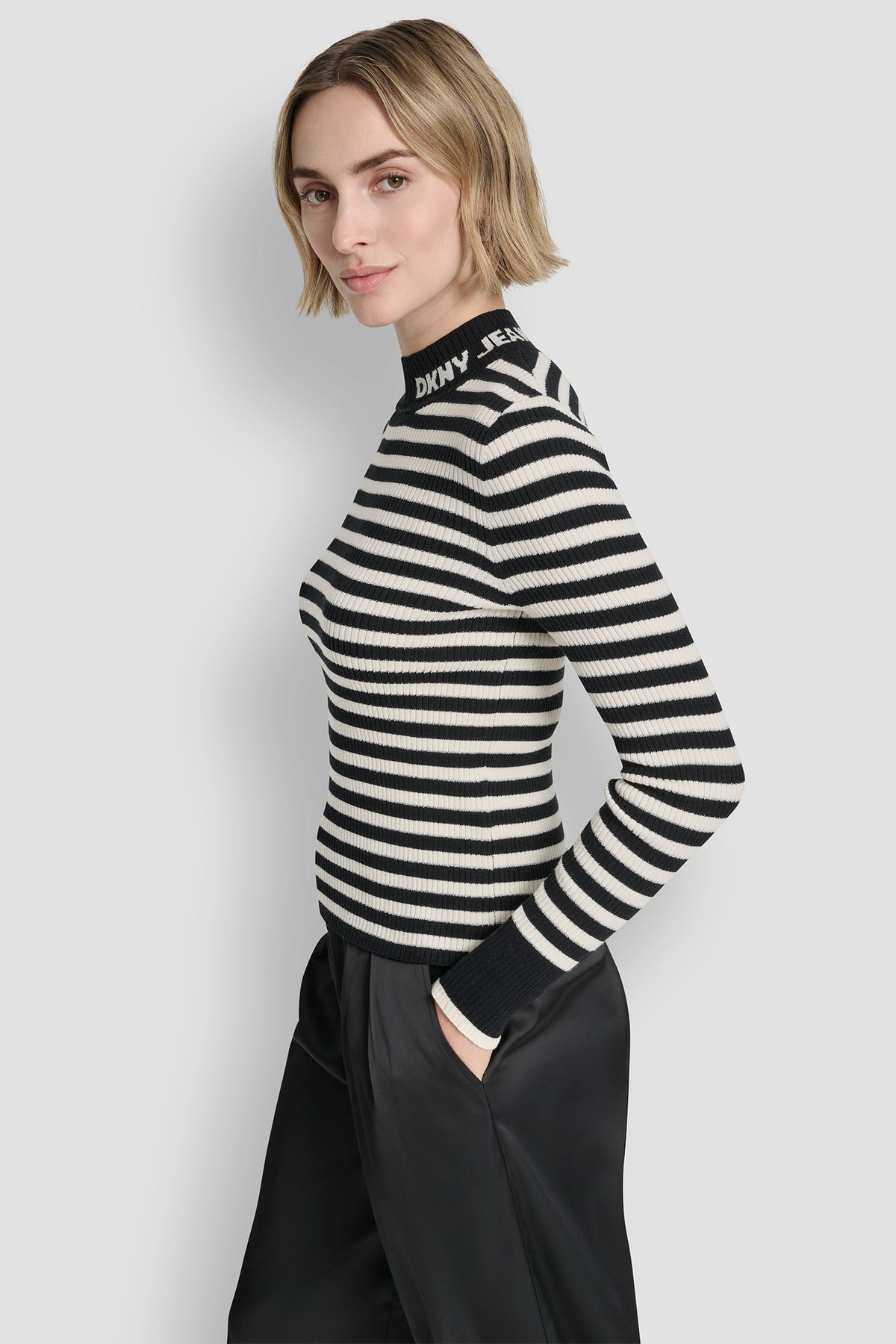 The Drop Women’s Winona Striped Mock Neck Sweater – Ribbed Acrylic-Nylon Blend, Snug Fit