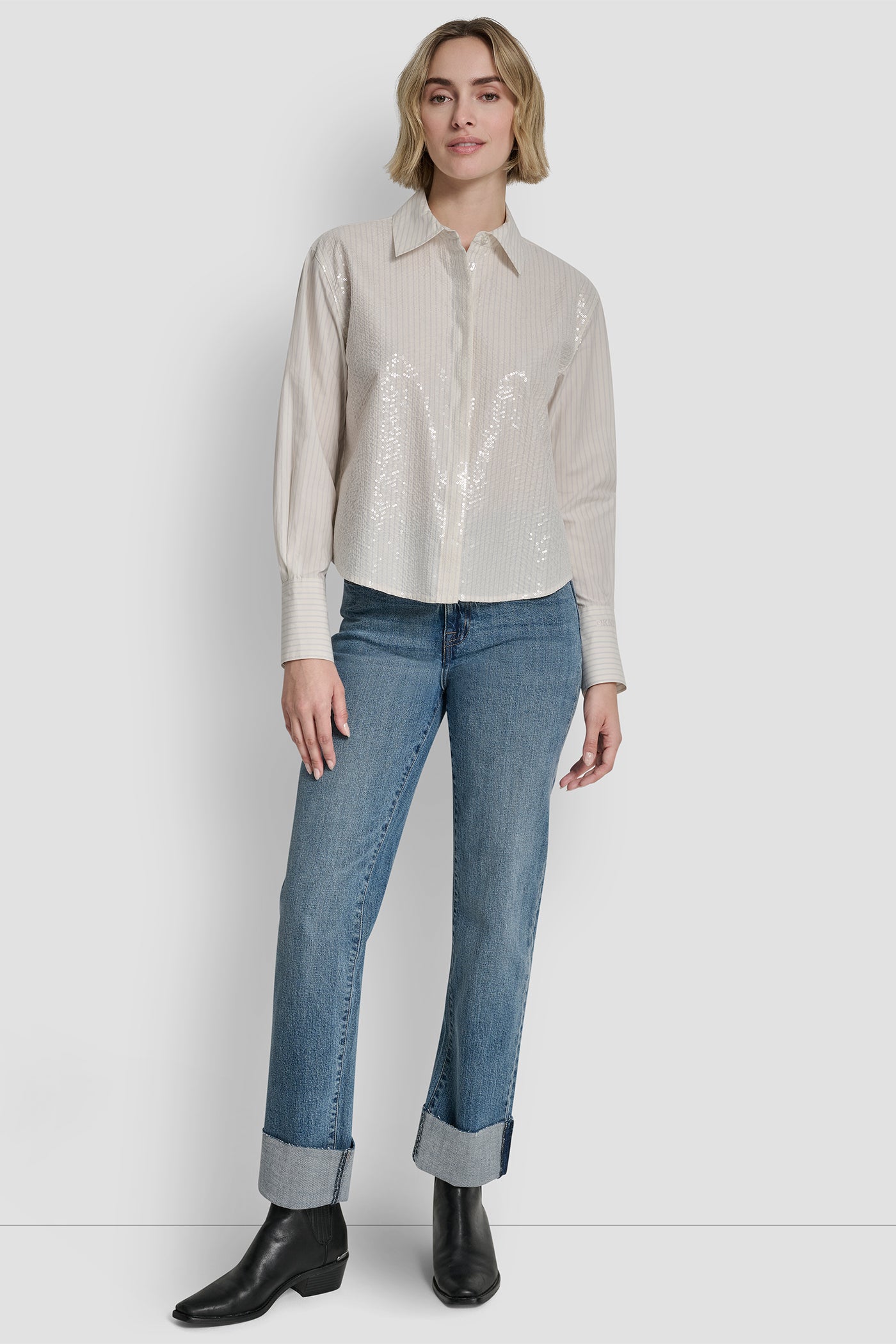 POPLIN BUTTON FRONT SHIRT WITH SEQUINS View 2 | Women's Clearance POPLIN BUTTON FRONT SHIRT WITH SEQUINS View 2 | Women's Clearance
