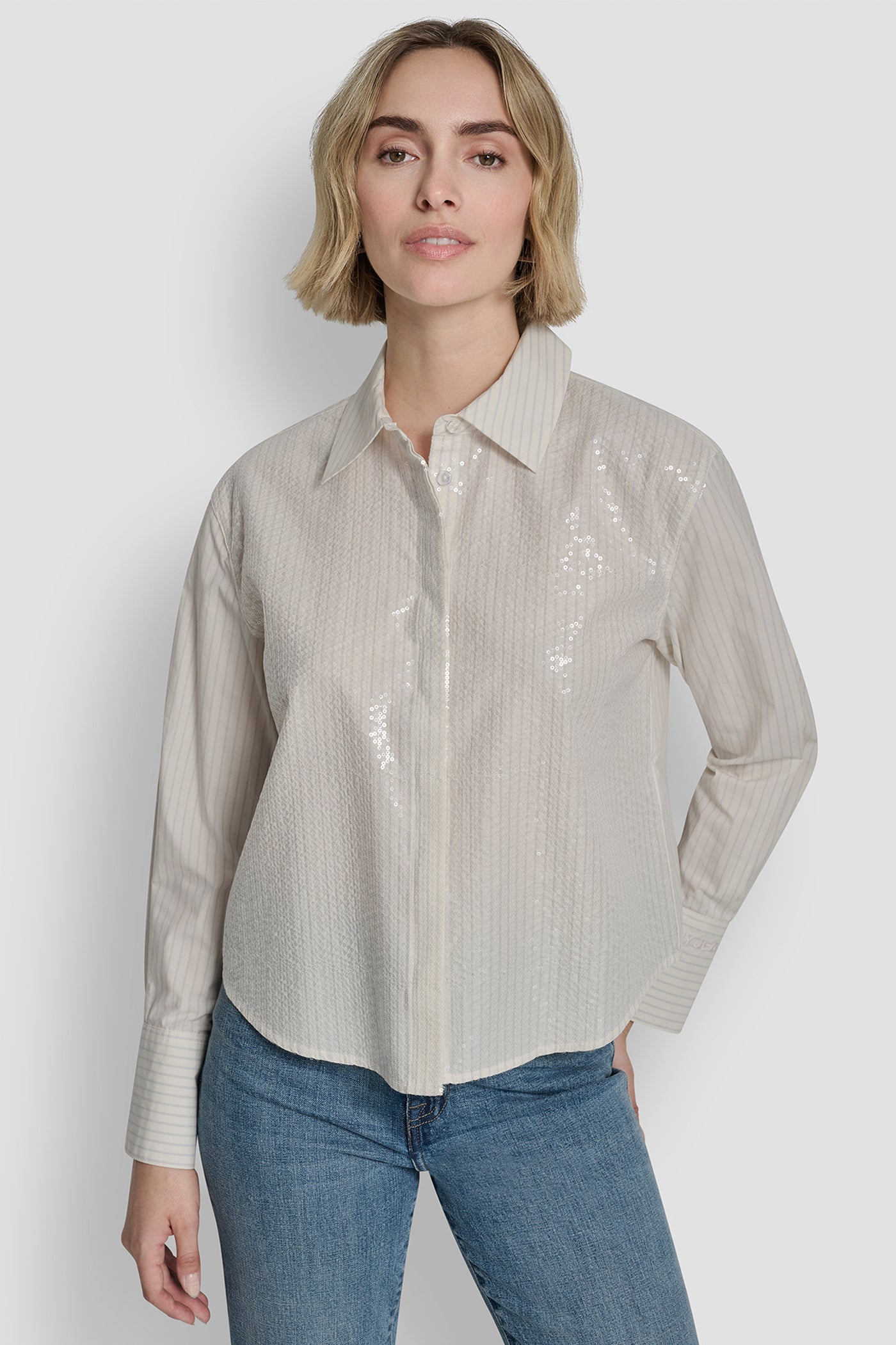 POPLIN BUTTON FRONT SHIRT WITH SEQUINS View 1 | Women's Clearance POPLIN BUTTON FRONT SHIRT WITH SEQUINS View 1 | Women's Clearance
