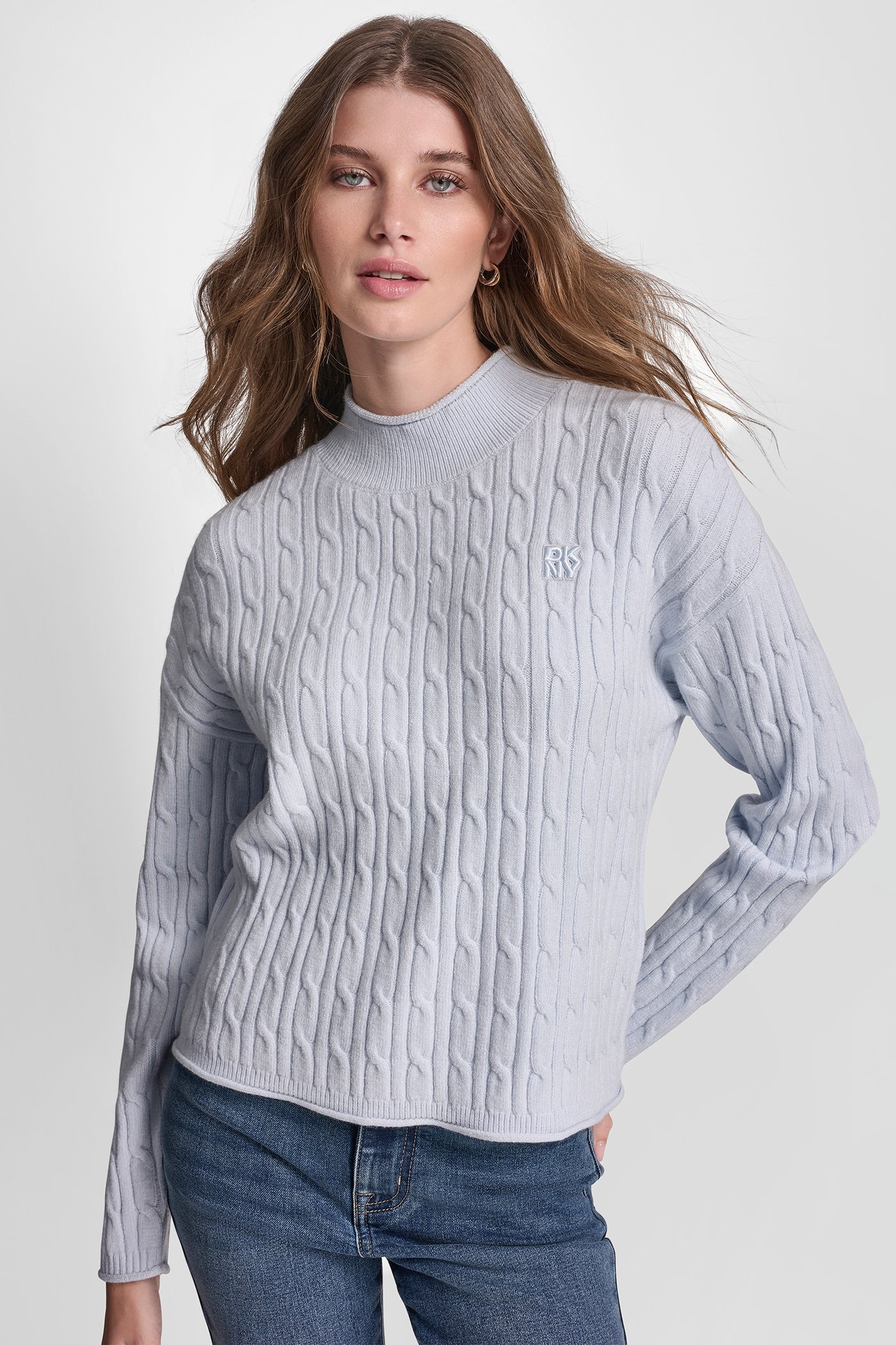 Mock Neck Drop Shoulder Cable Sweater | Sweater | DKNY