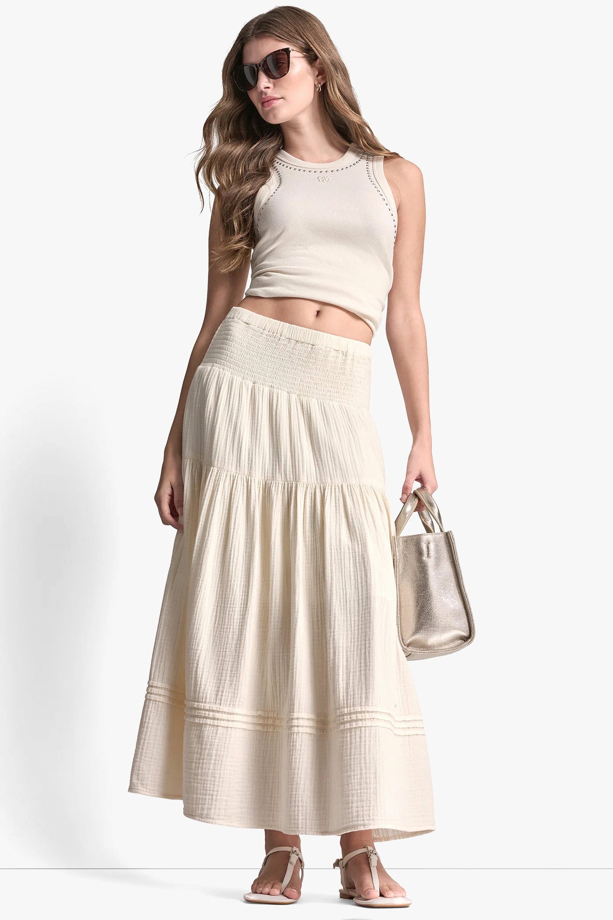 bohemian egyptian elements women's vacation vest maxi dress Smocked Waist Tiered Skirt Details Bohemian style maxi clean minimalist bridal Clarissa Ribbed Button Front Color:CLASSIC BLUE