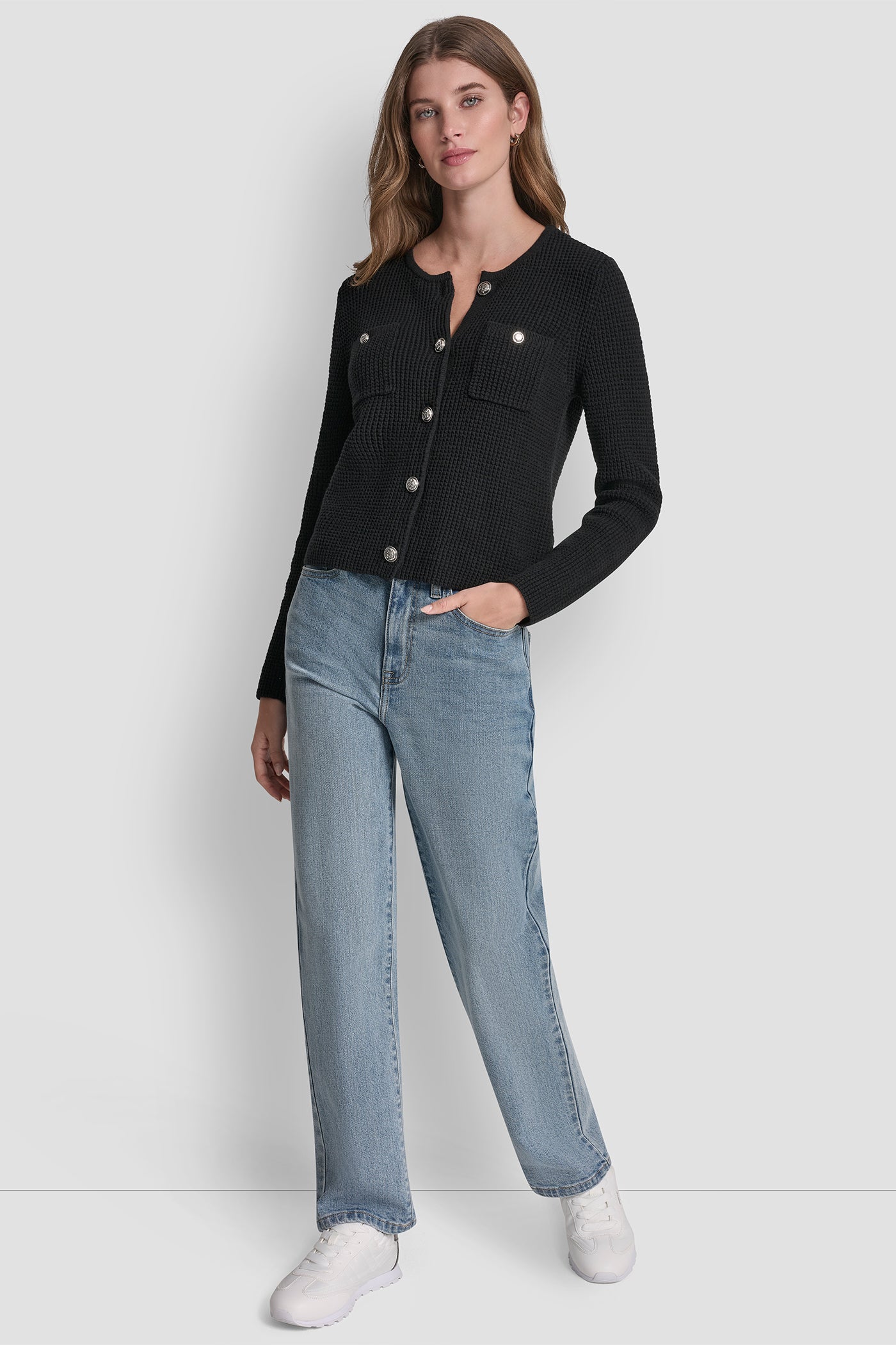 Tuck Stitch Crew Neck Cardigan | Cardigan | DKNY