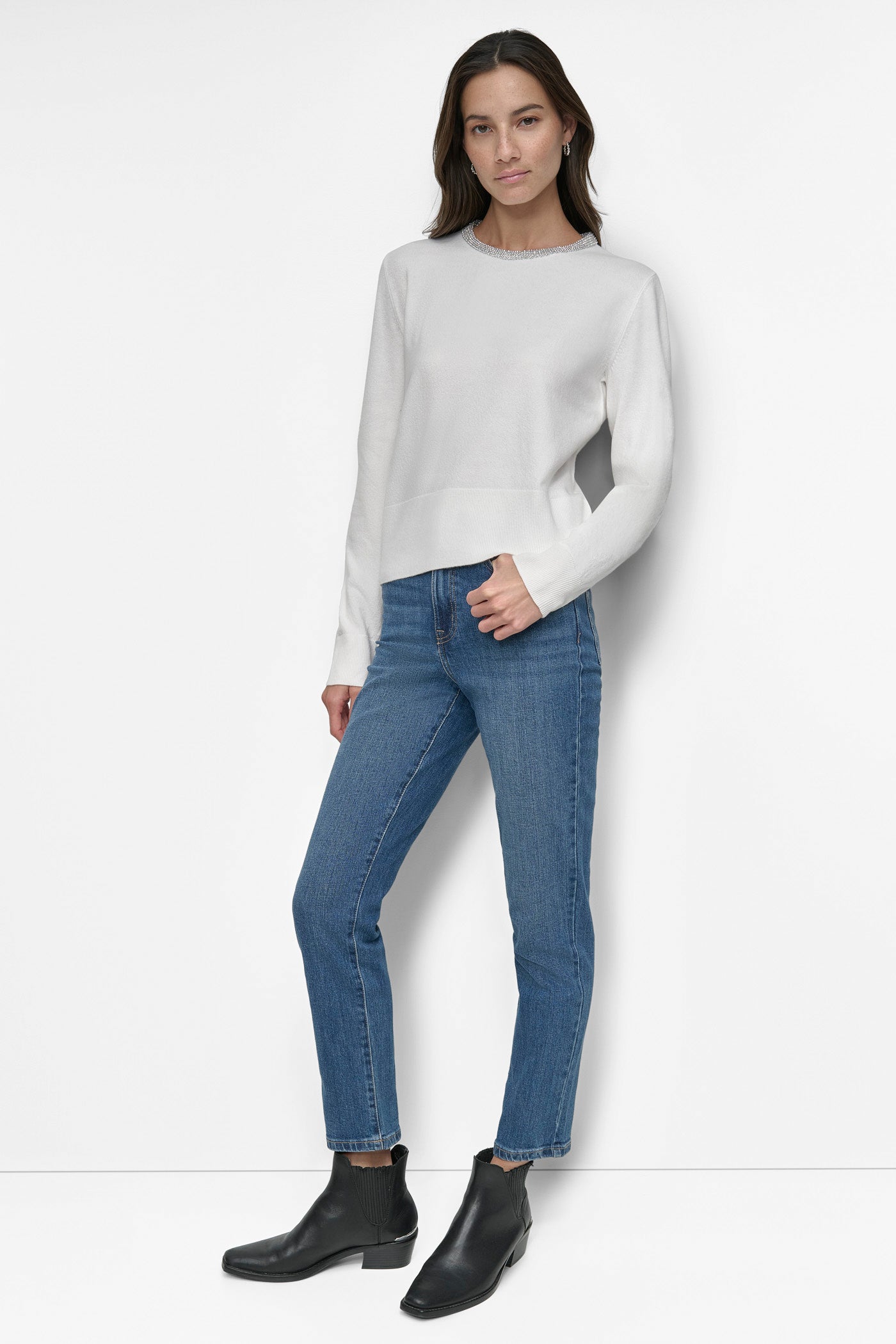 CREW NECK WITH RHINESTONE TRIM AT NECK VIEW 3 | Cyber Deals CREW NECK WITH RHINESTONE TRIM AT NECK VIEW 3 | Cyber Deals