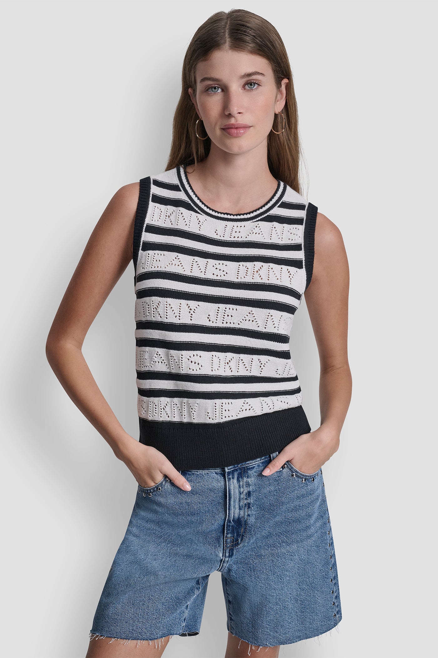 LOGO POINTELLE STRIPED SWEATER View 2 | Women's Clearance LOGO POINTELLE STRIPED SWEATER View 2 | Women's Clearance