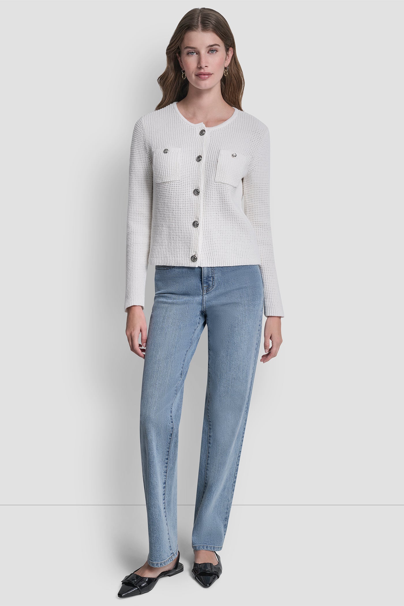 Tuck Stitch Crew Neck Cardigan | Cardigan | DKNY