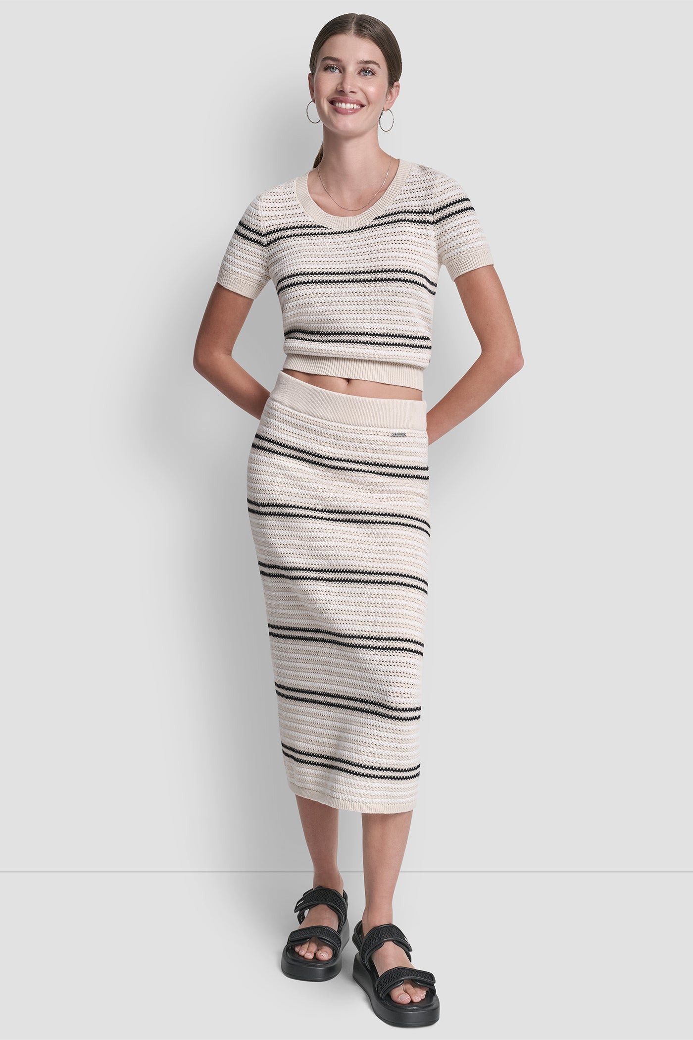 STRIPED POINTELLE STITCH MIDI SKIRT View 2 | Skirts STRIPED POINTELLE STITCH MIDI SKIRT View 2 | Skirts