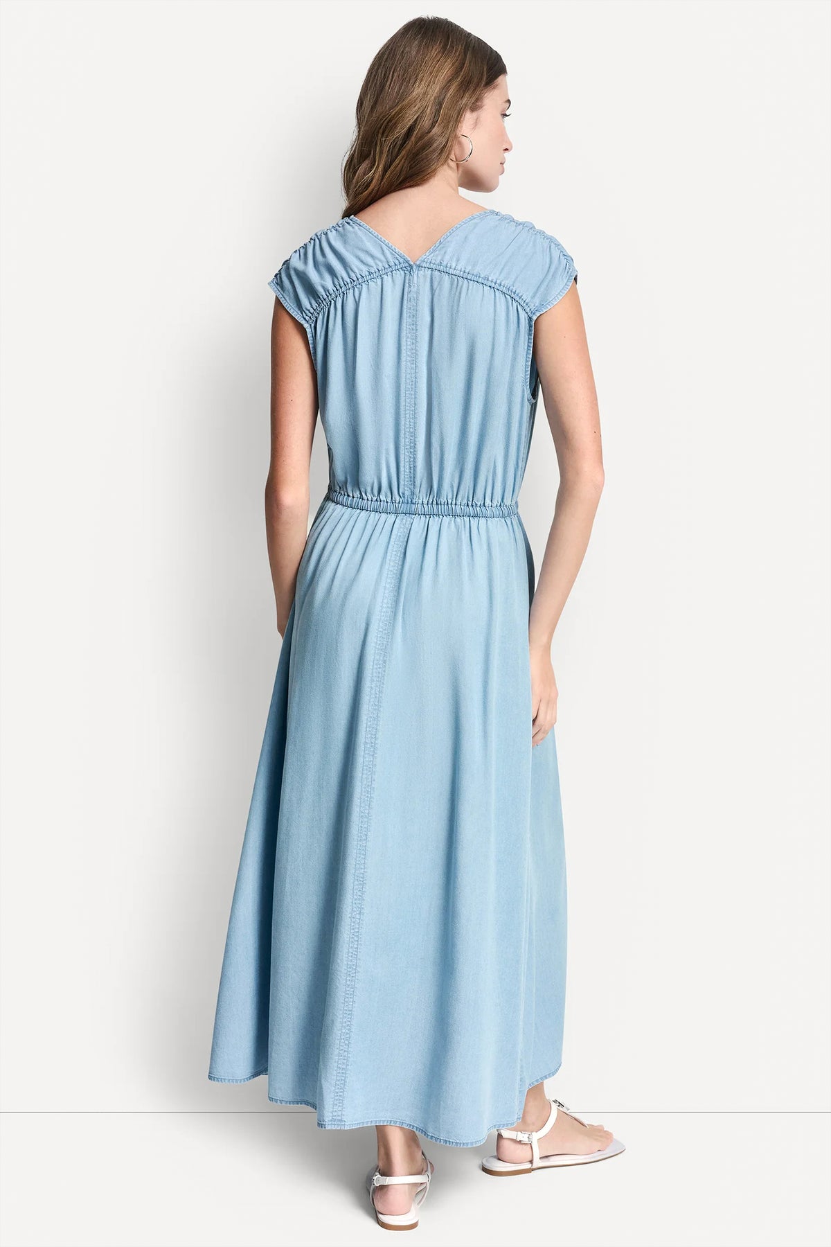 dkny blue dress DKNY Women's Ruched V-Neck Dress With Tie Waist in Chambray