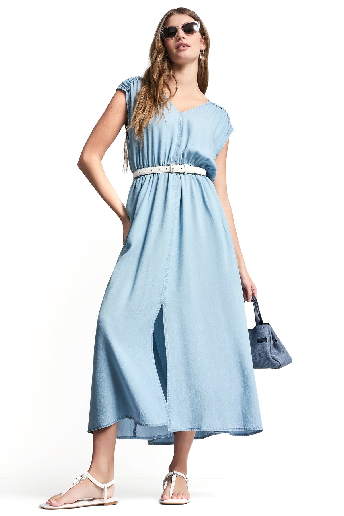 RUCHED V-NECK DRESS WITH TIE WAIST View 1 | Dresses Under $100 RUCHED V-NECK DRESS WITH TIE WAIST View 1 | Dresses Under $100