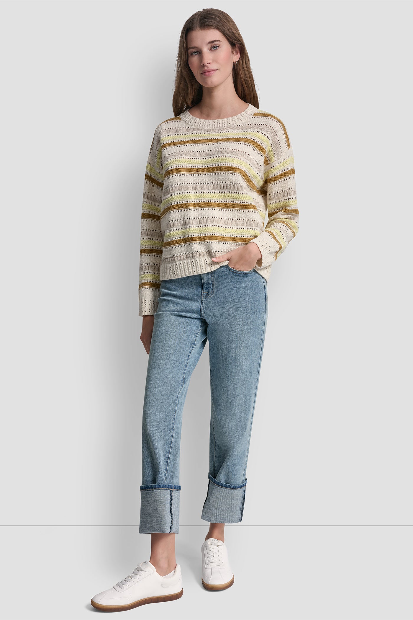 STRIPED MIXED POINTELLE STITCH SWEATER View 2 | Women's Clearance STRIPED MIXED POINTELLE STITCH SWEATER View 2 | Women's Clearance