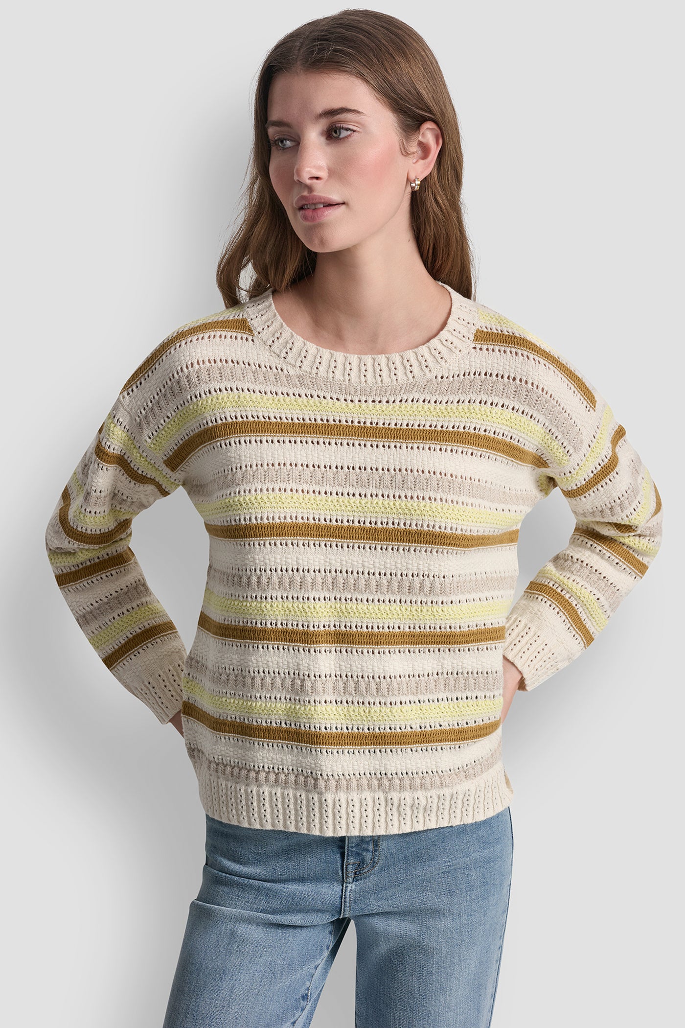STRIPED MIXED POINTELLE STITCH SWEATER View 1 | Women's Clearance STRIPED MIXED POINTELLE STITCH SWEATER View 1 | Women's Clearance