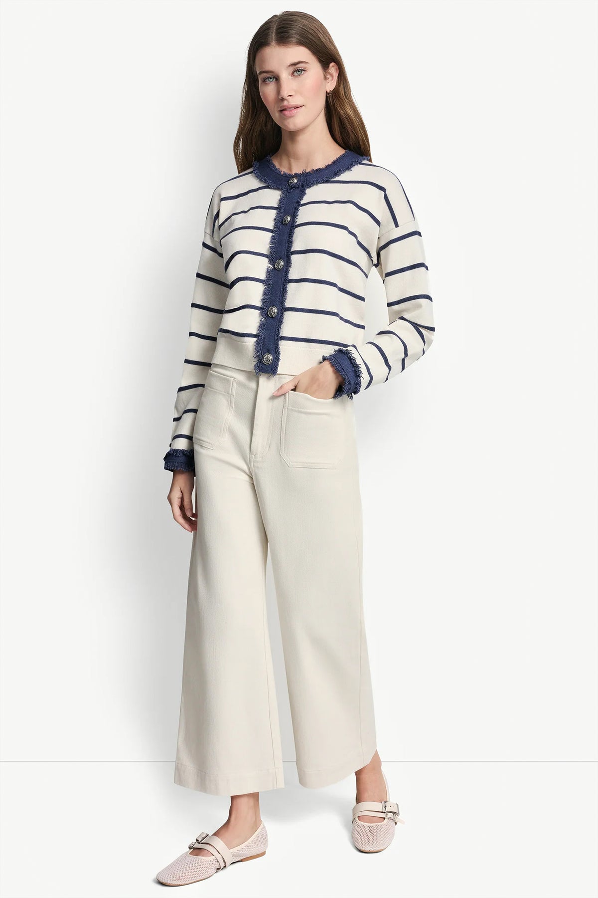 STRIPED CARDIGAN WITH DENIM FRINGE VIEW 2