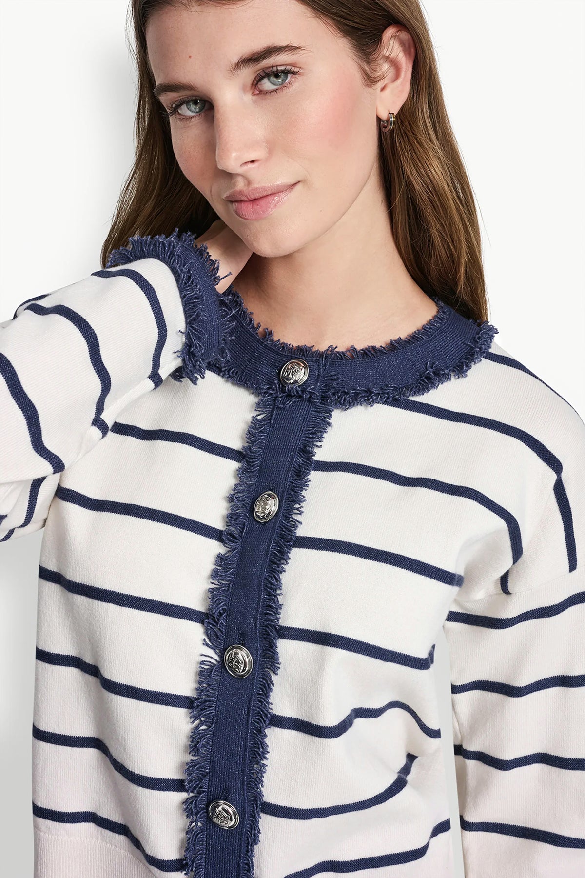 STRIPED CARDIGAN WITH DENIM FRINGE View 2 | DKNY Promo STRIPED CARDIGAN WITH DENIM FRINGE View 2 | DKNY Promo