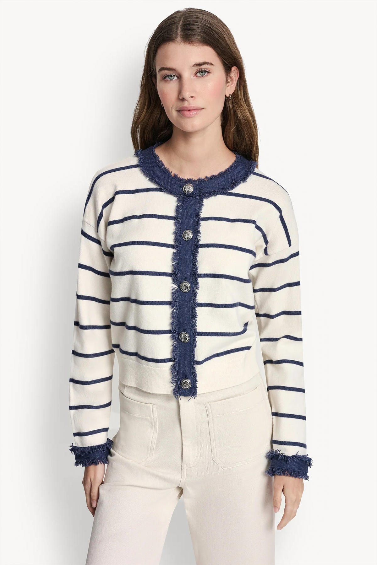 STRIPED CARDIGAN WITH DENIM FRINGE VIEW 2