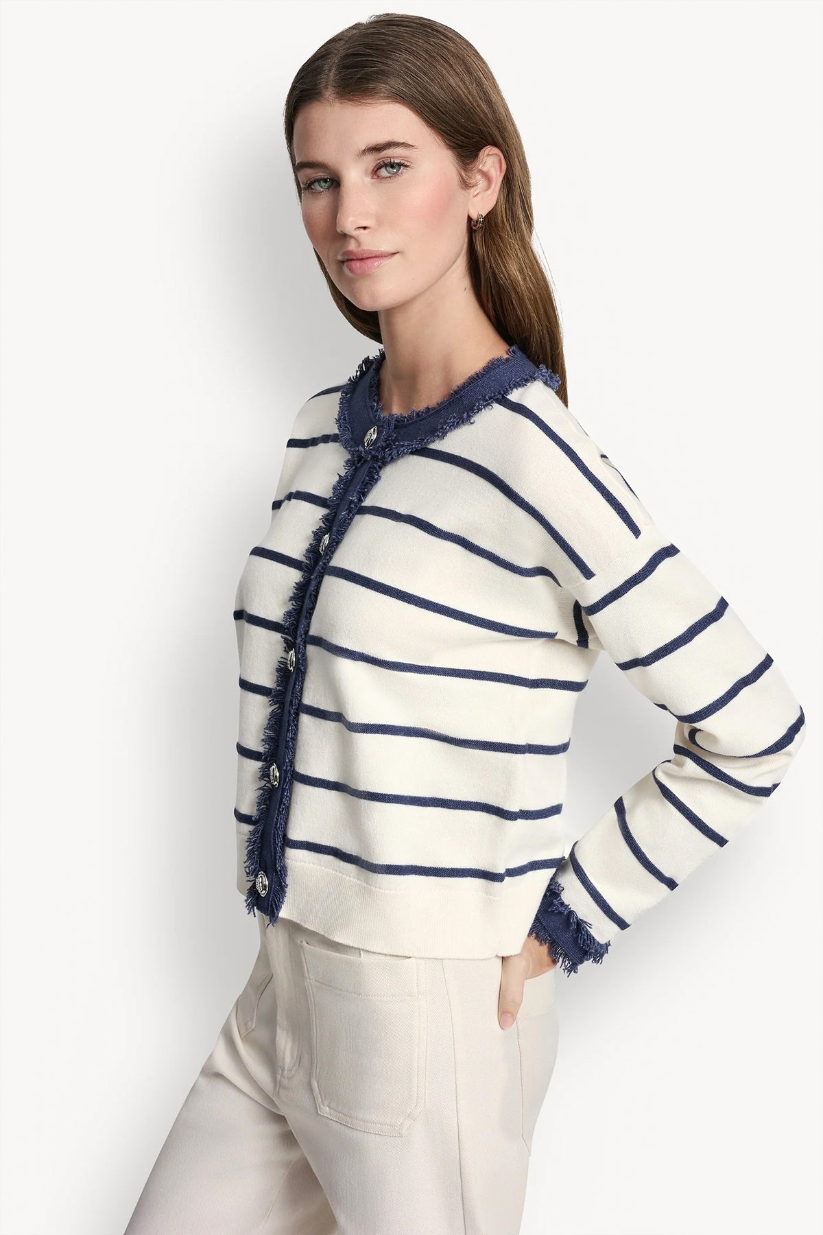 STRIPED CARDIGAN WITH DENIM FRINGE VIEW 2
