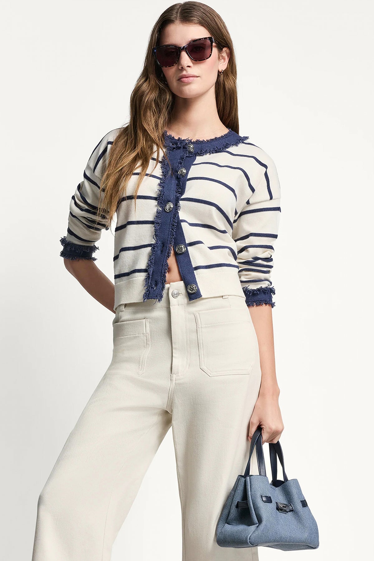 STRIPED CARDIGAN WITH DENIM FRINGE View 1 | DKNY Promo STRIPED CARDIGAN WITH DENIM FRINGE View 1 | DKNY Promo