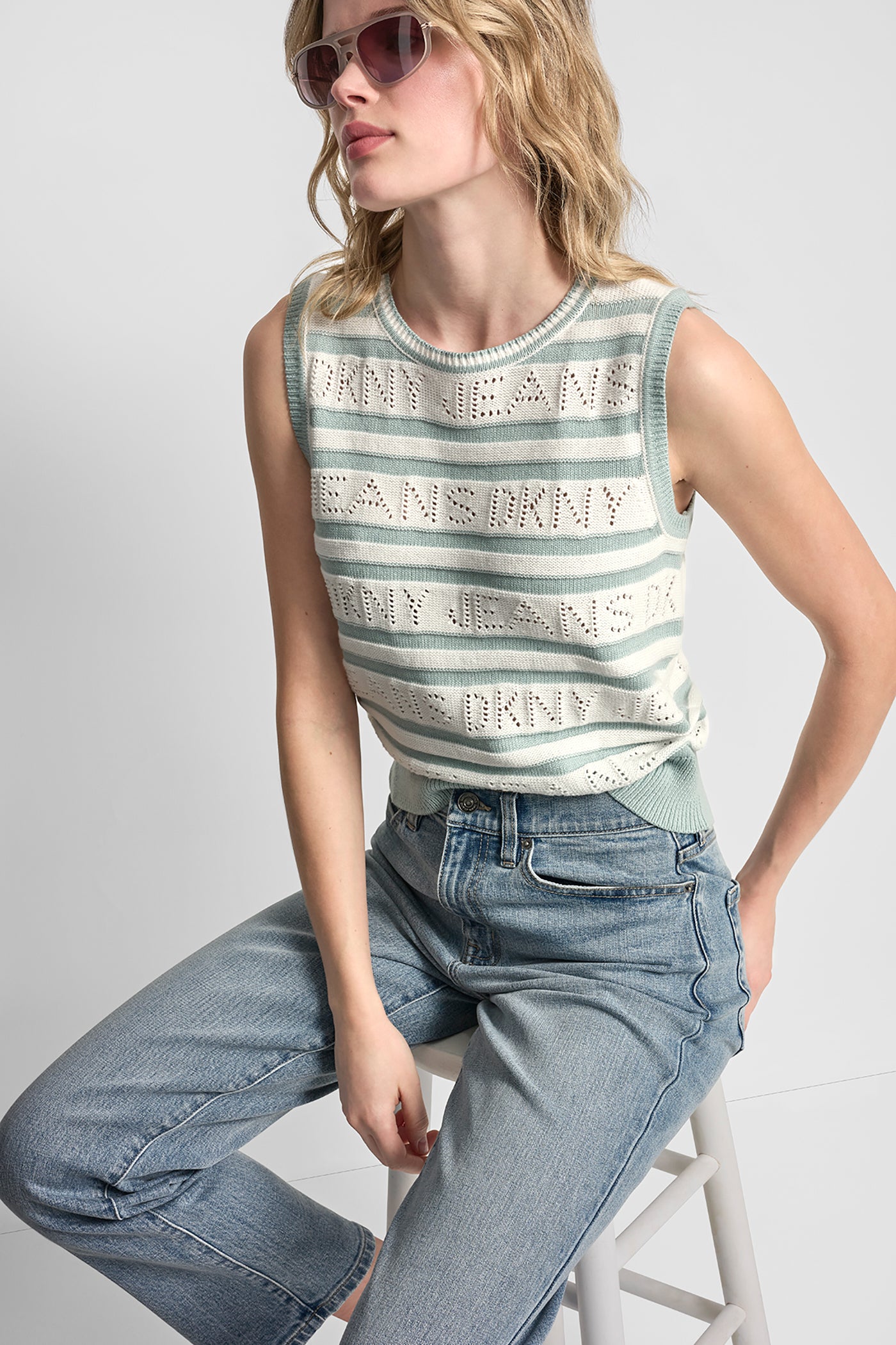 LOGO POINTELLE STRIPED SWEATER View 1 | Women's Clearance LOGO POINTELLE STRIPED SWEATER View 1 | Women's Clearance