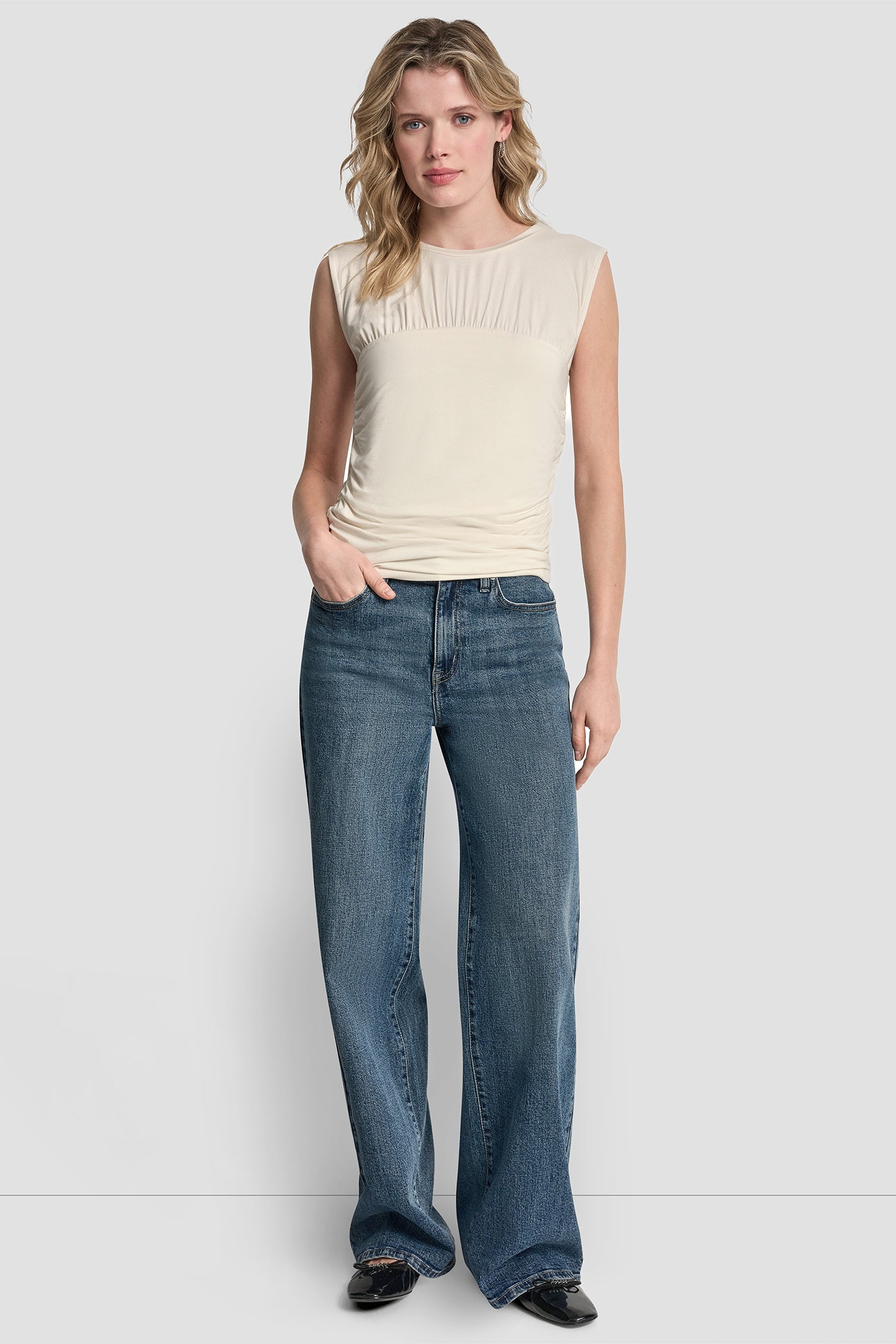 RUCHED BODICE SLEEVELESS TOP View 2 | NEW NEUTRALS RUCHED BODICE SLEEVELESS TOP View 2 | NEW NEUTRALS