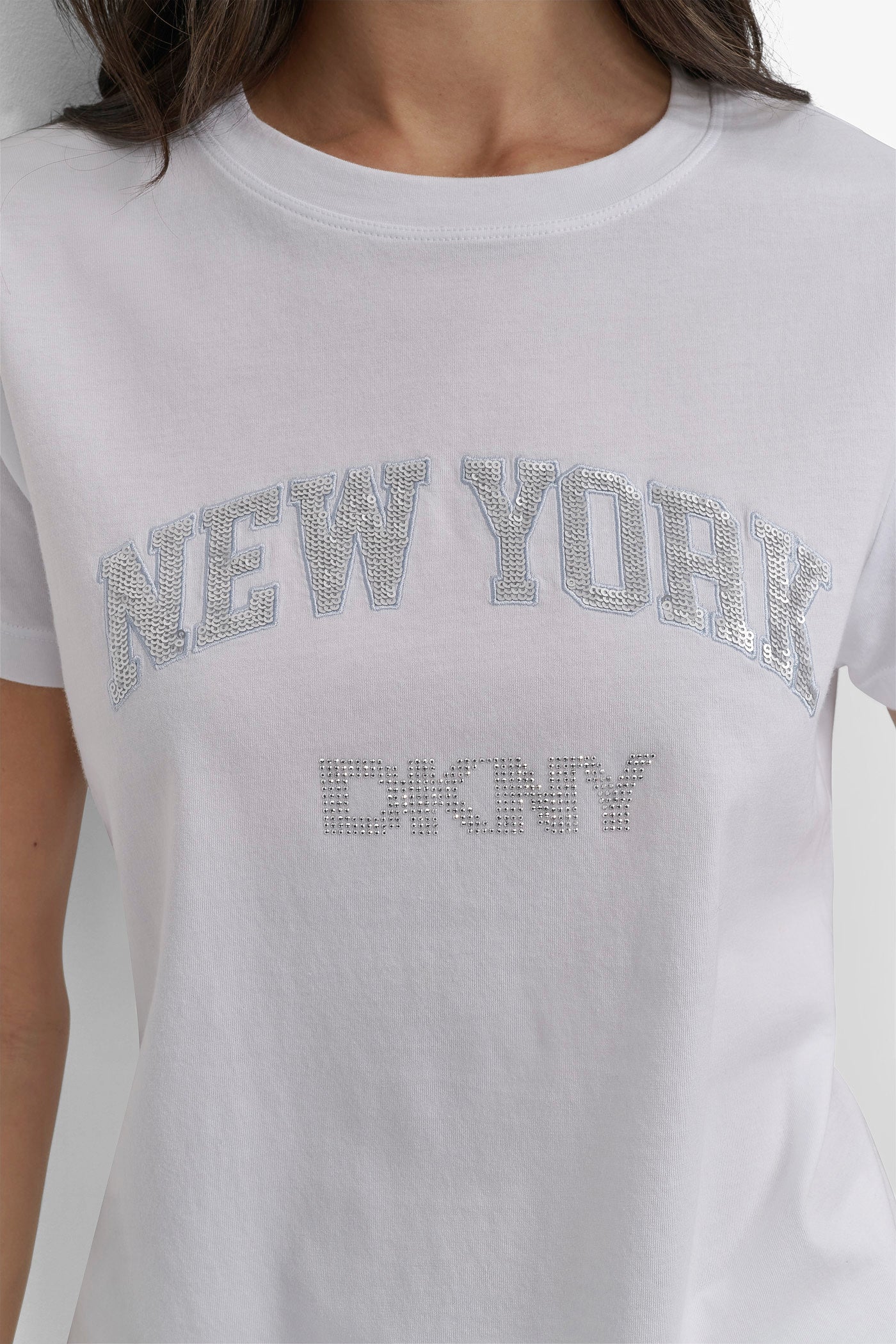 DKNY RHINESTONE STUD LOGO TEE View 2 | Gifts Under $100 DKNY RHINESTONE STUD LOGO TEE View 2 | Gifts Under $100