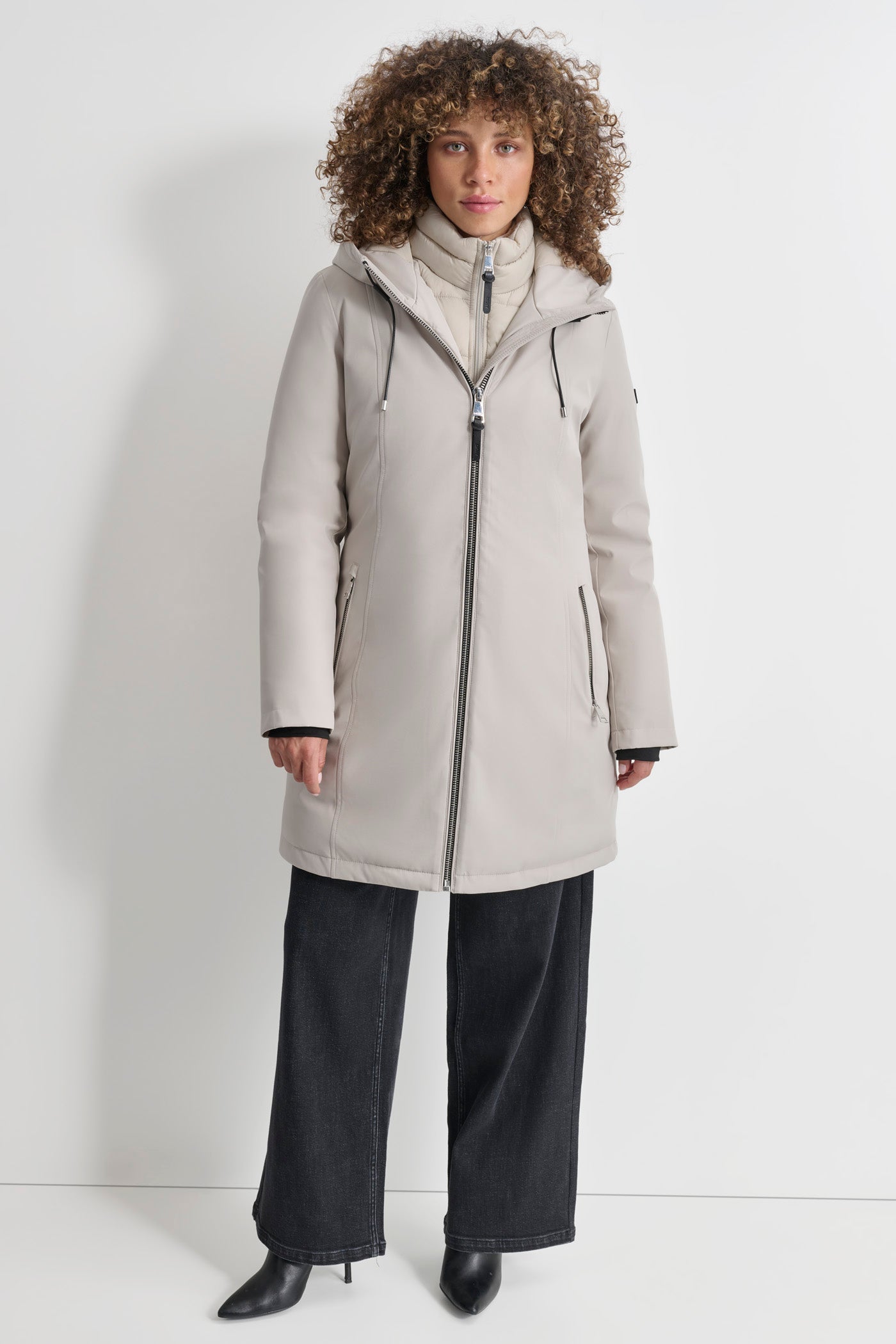 MID LENGTH HOODED SOFT SHELL JACKET VIEW 3 | Puffer Chic MID LENGTH HOODED SOFT SHELL JACKET VIEW 3 | Puffer Chic