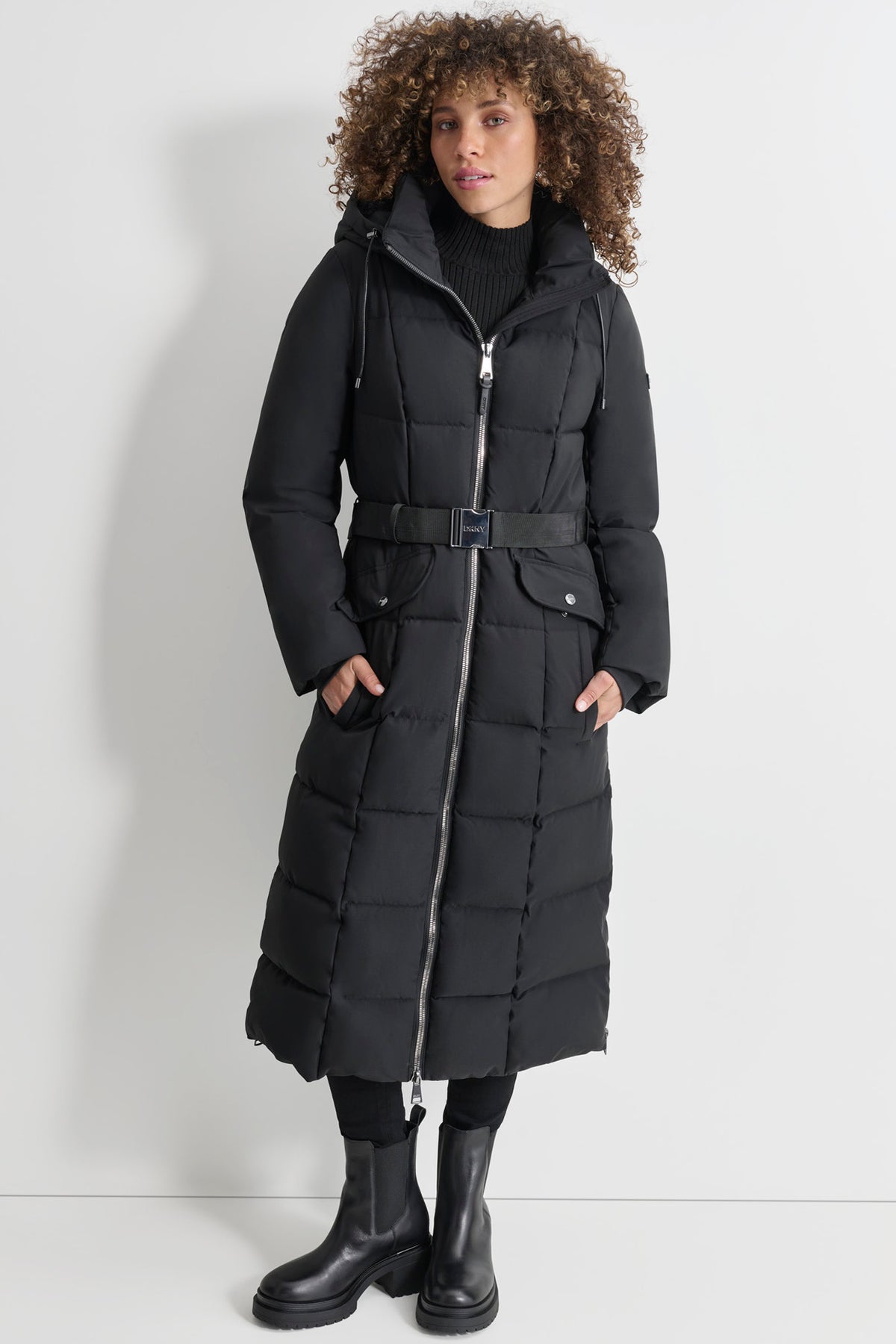 Box Quilt Long Puffer With Belt Cold Weather DKNY