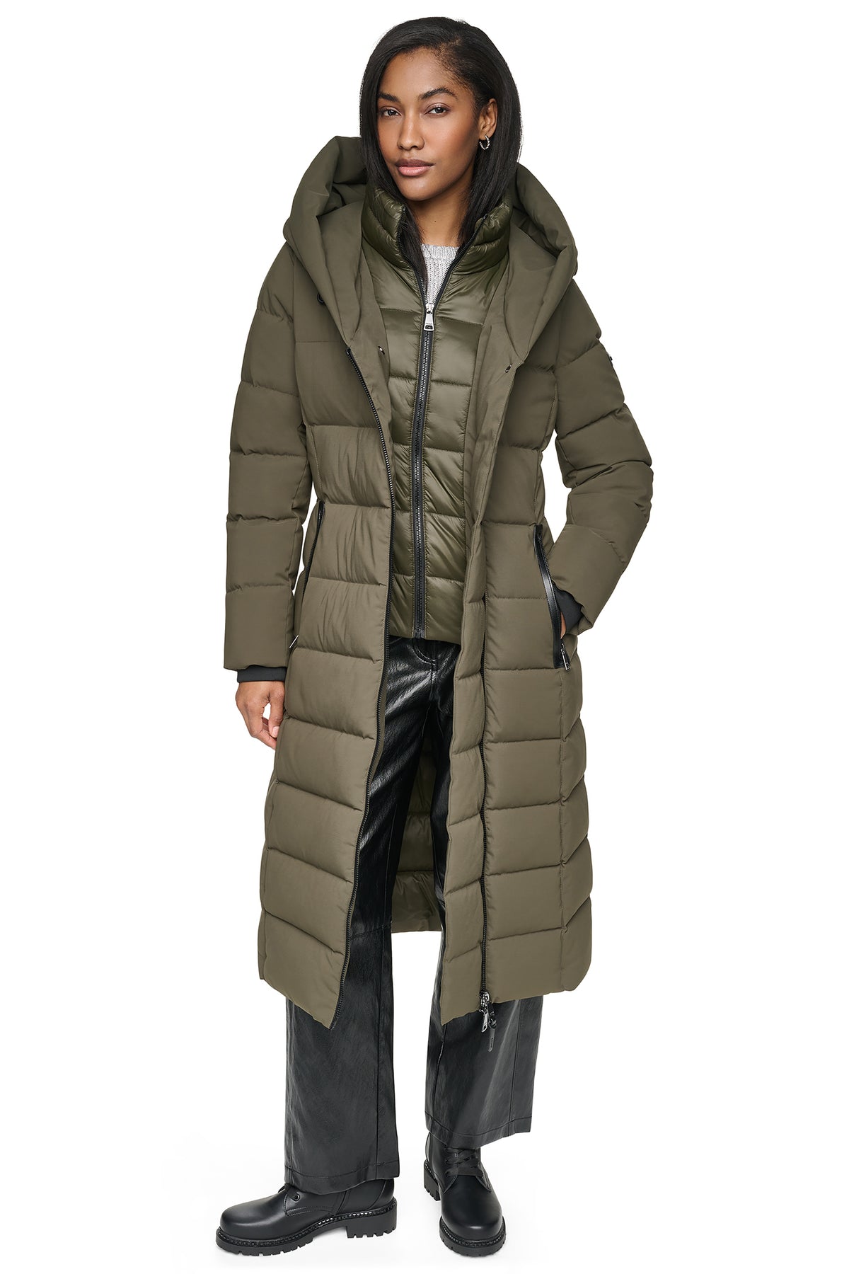 MAXI HOODED PUFFER COAT WITH INNER BIB VIEW 2