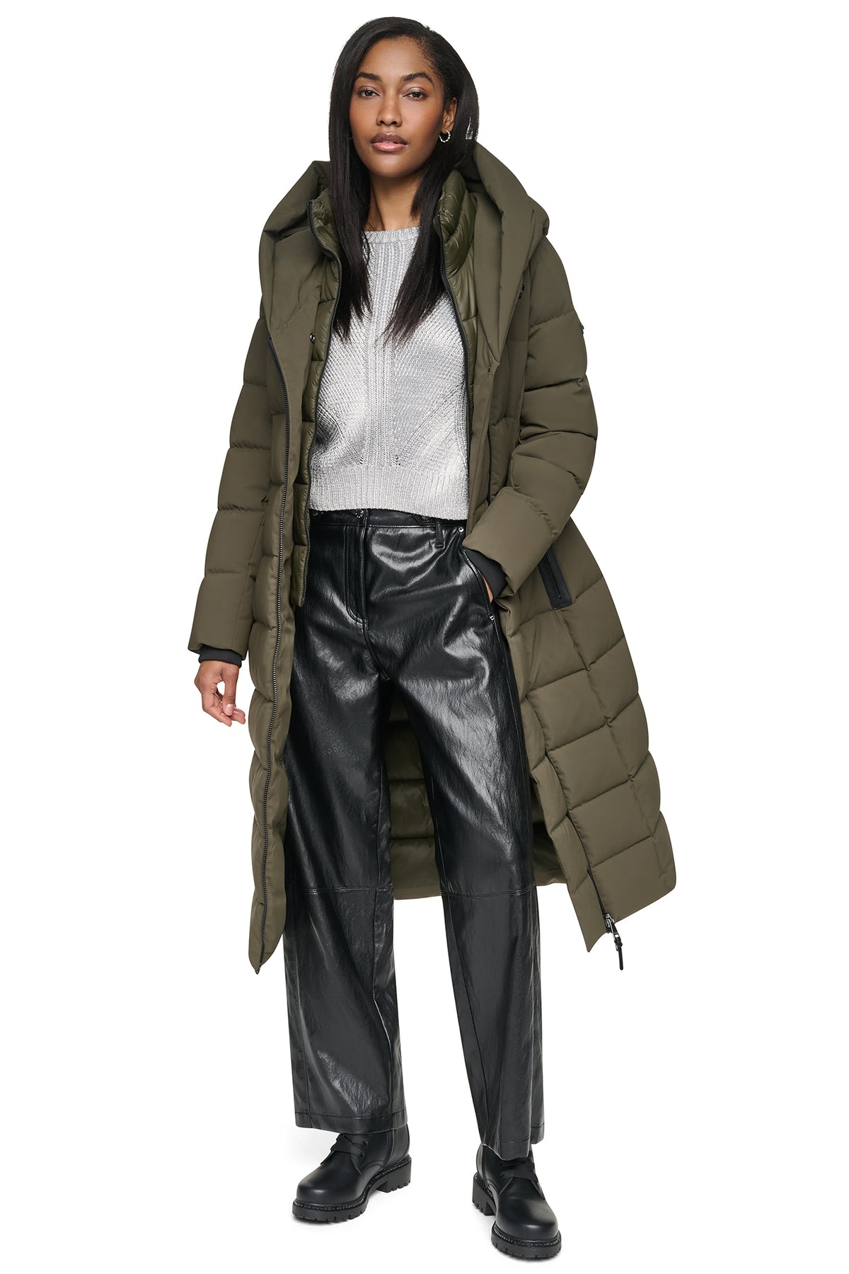 MAXI HOODED PUFFER COAT WITH INNER BIB VIEW 2