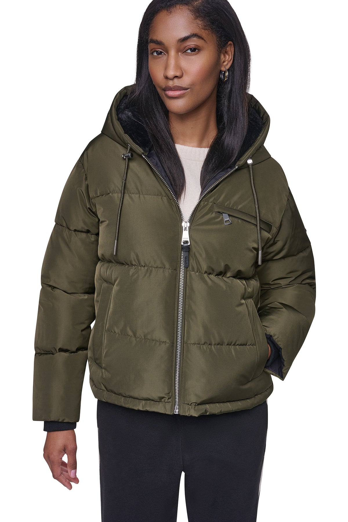CONTRAST LINED SHORT HOODED PUFFER View 1 | All Products CONTRAST LINED SHORT HOODED PUFFER View 1 | All Products