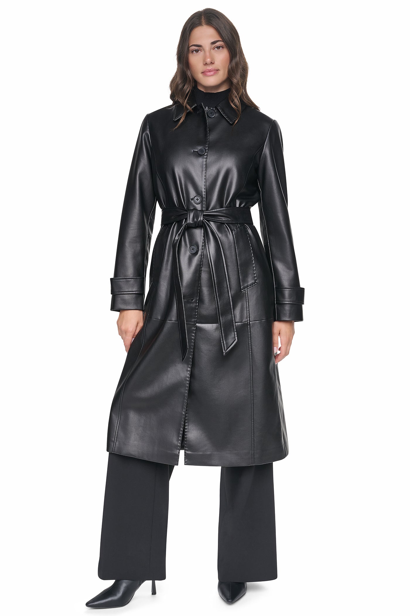 FAUX LEATHER BELTED LONG TRENCH View 1 | DKNY25 FAUX LEATHER BELTED LONG TRENCH View 1 | DKNY25