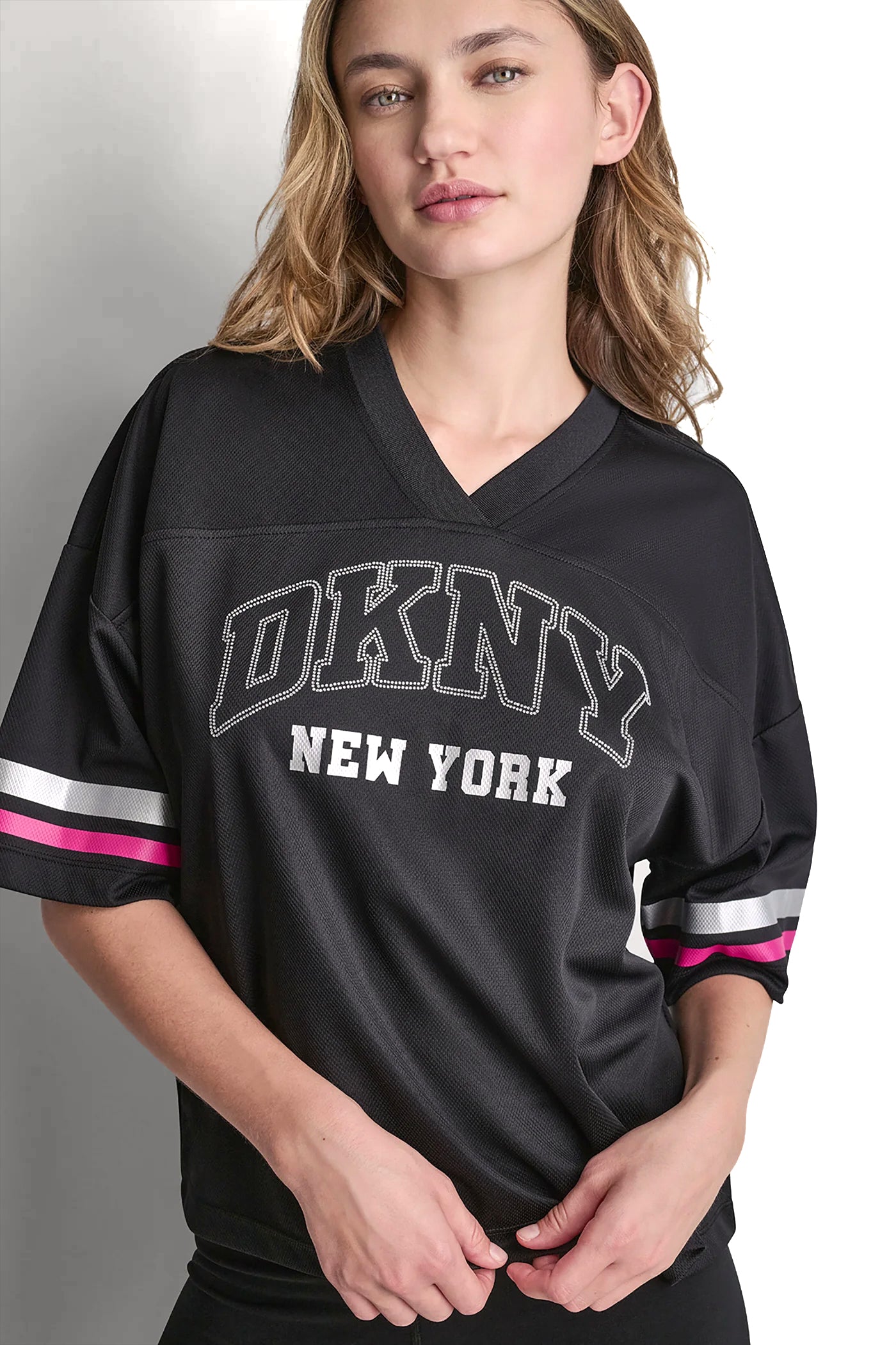 RHINESTONE VARSITY LOGO V-NECK JERSEY View 1 | SALE RHINESTONE VARSITY LOGO V-NECK JERSEY View 1 | SALE