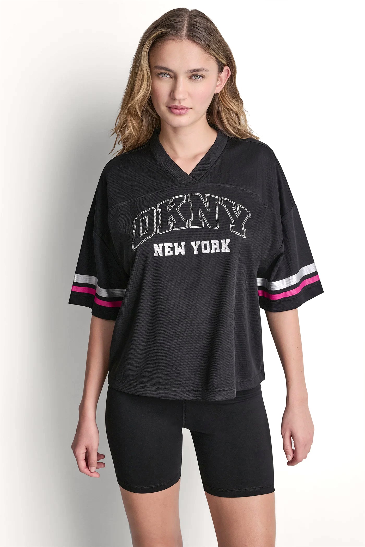 RHINESTONE VARSITY LOGO V-NECK JERSEY VIEW 4 | SALE RHINESTONE VARSITY LOGO V-NECK JERSEY VIEW 4 | SALE