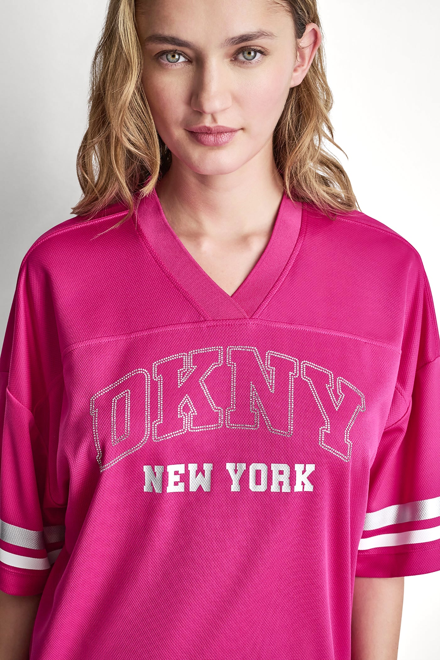 RHINESTONE VARSITY LOGO V-NECK JERSEY View 1 | SALE RHINESTONE VARSITY LOGO V-NECK JERSEY View 1 | SALE