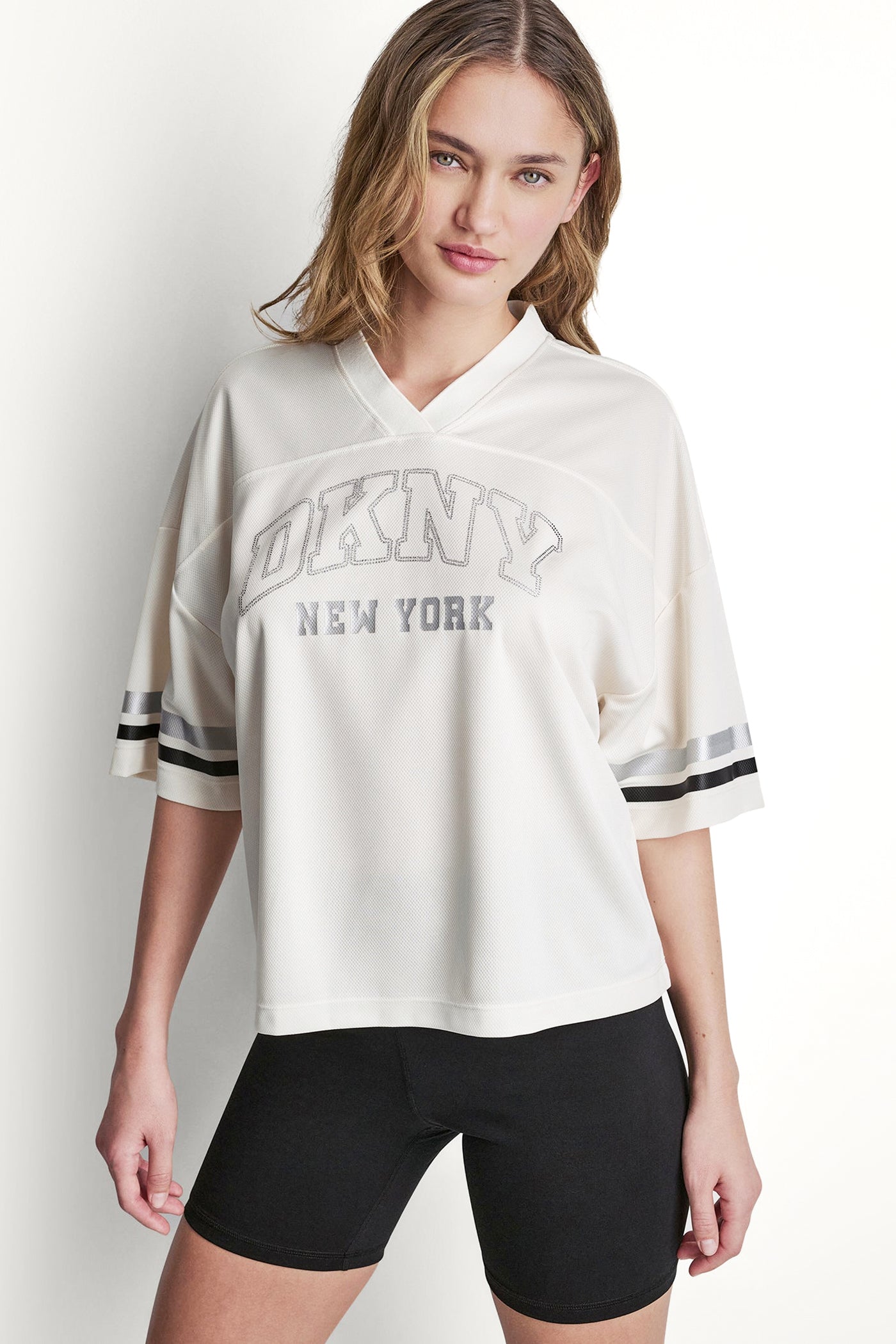 RHINESTONE VARSITY LOGO V-NECK JERSEY View 1 | SALE RHINESTONE VARSITY LOGO V-NECK JERSEY View 1 | SALE