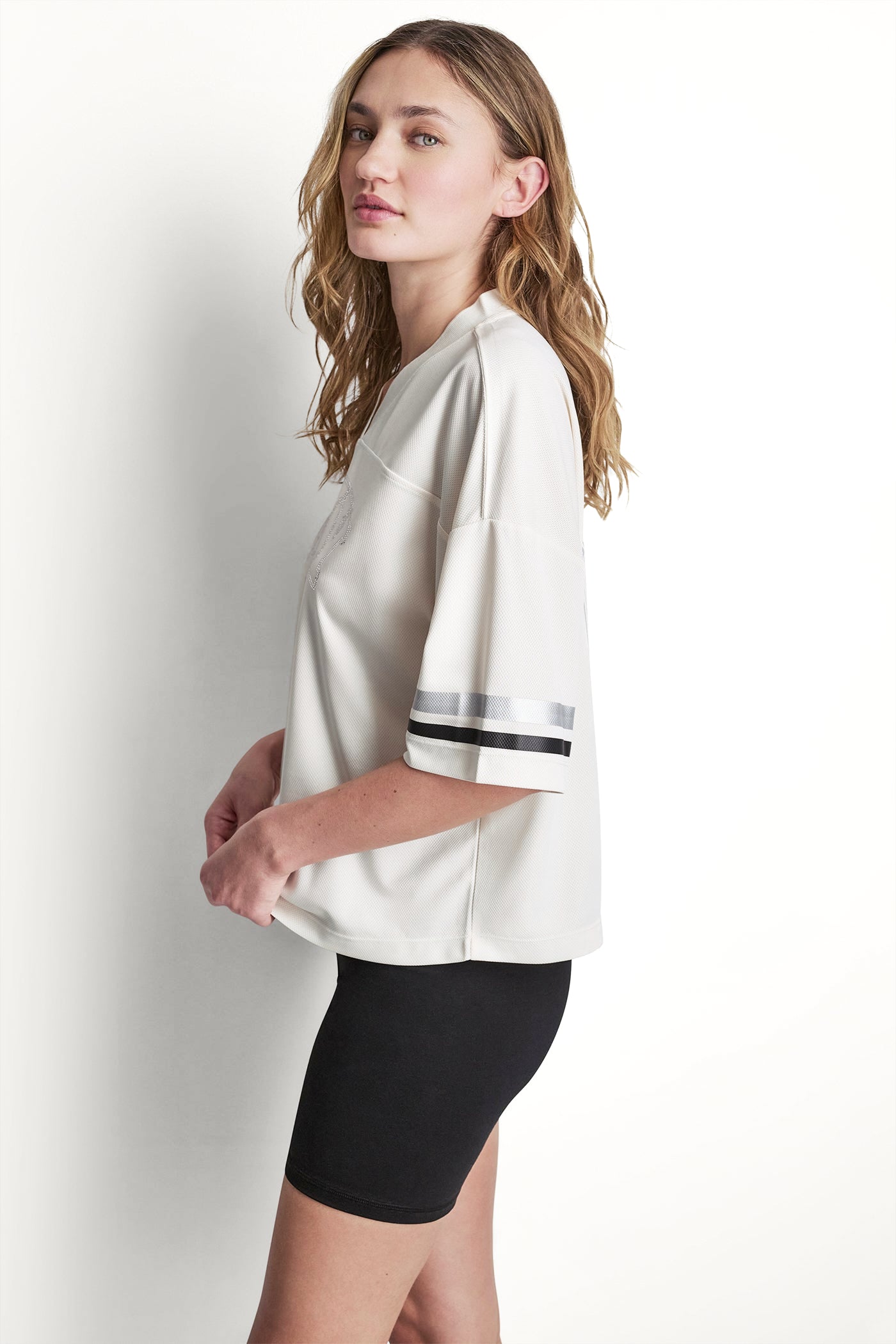 RHINESTONE VARSITY LOGO V-NECK JERSEY VIEW 3 | SALE RHINESTONE VARSITY LOGO V-NECK JERSEY VIEW 3 | SALE